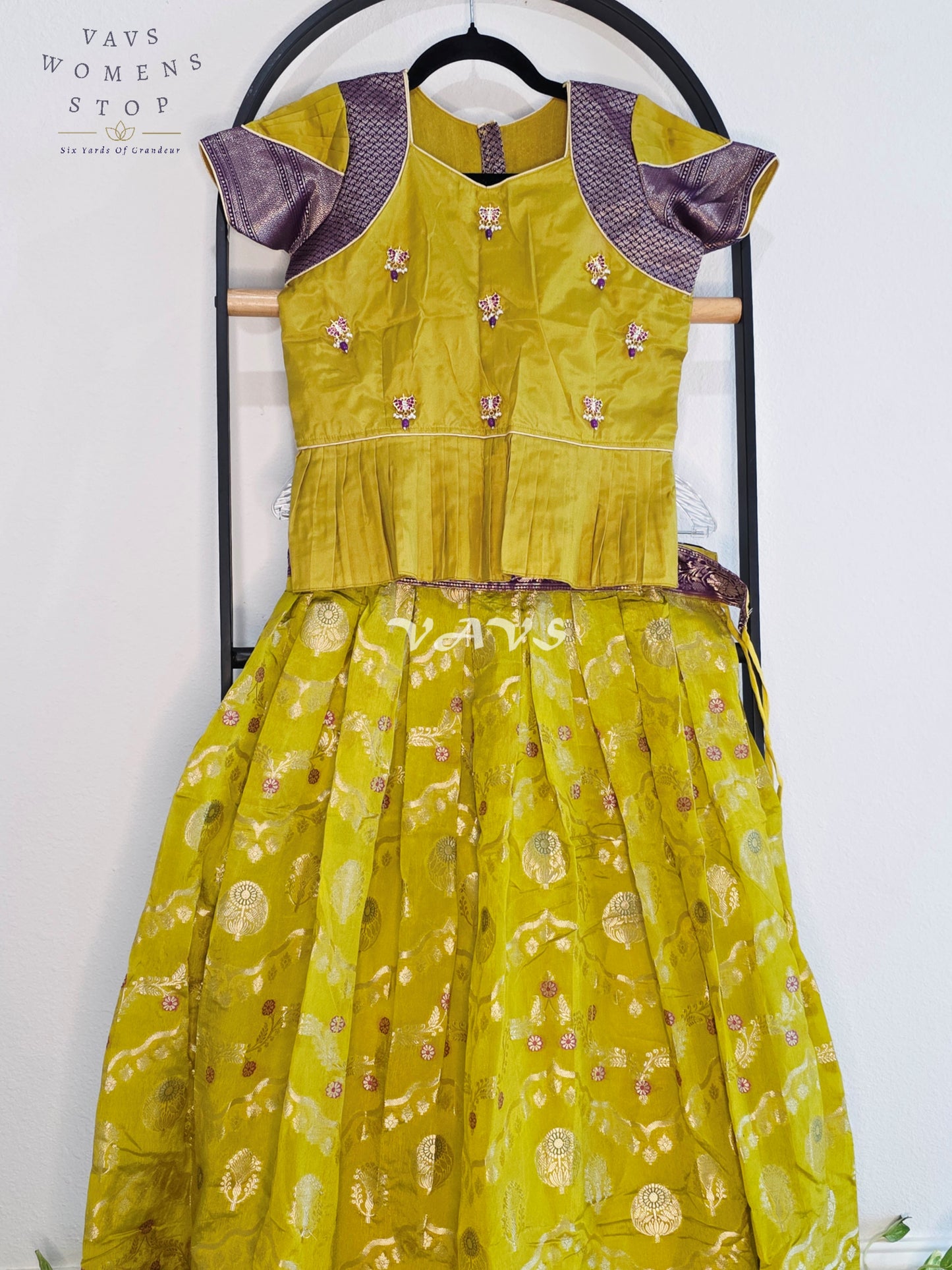 Royal Chartreuse Lime & Imperial Aubergine Benarasi Silk Lehenga Blouse Set for Girls Ages 10–11 Years