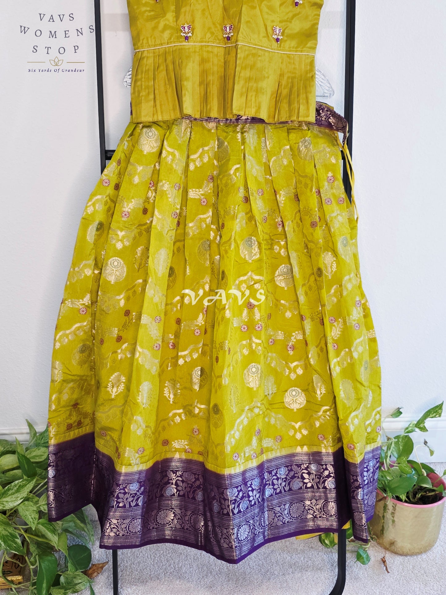 Royal Chartreuse Lime & Imperial Aubergine Benarasi Silk Lehenga Blouse Set for Girls Ages 10–11 Years