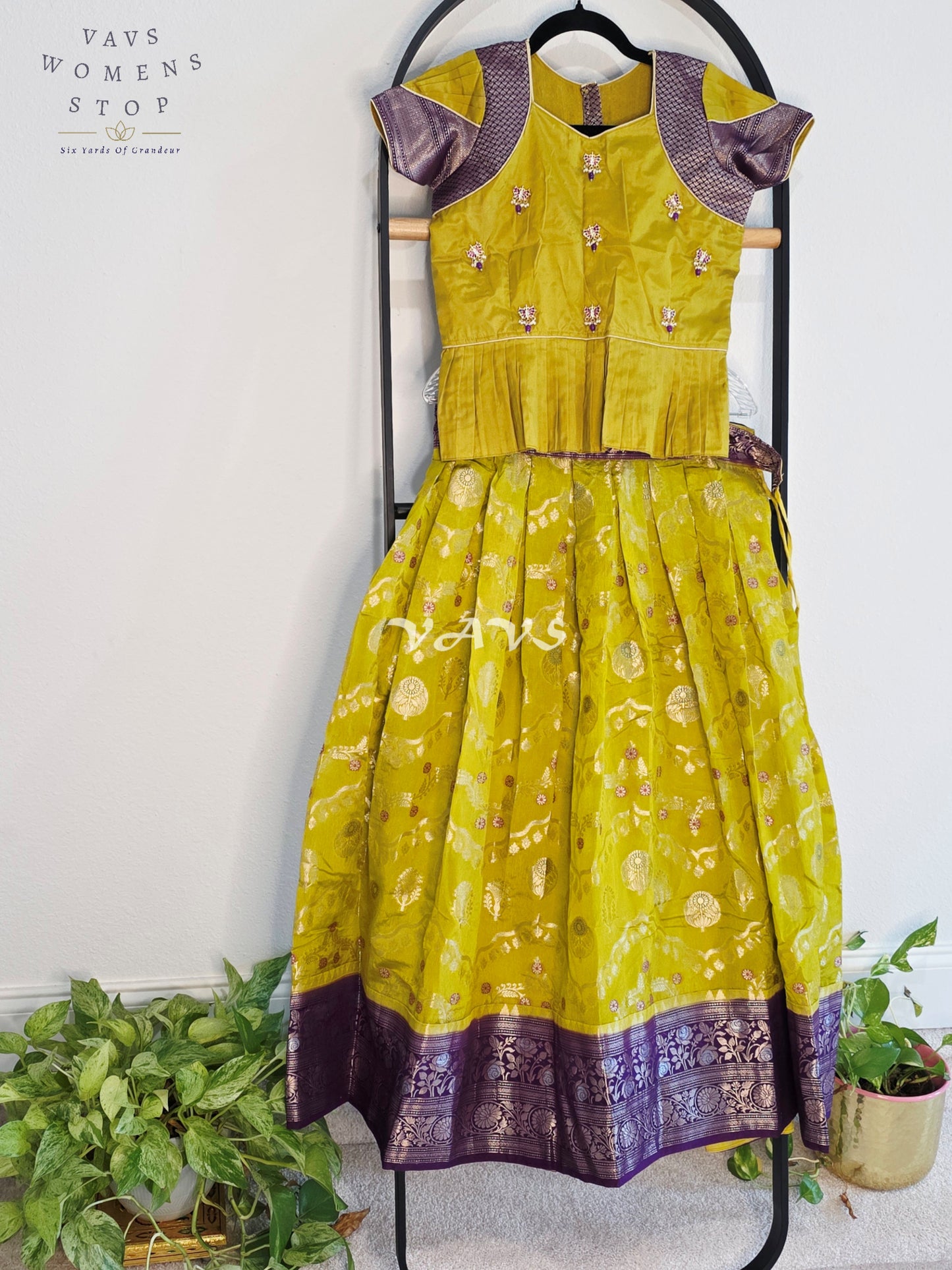 Royal Chartreuse Lime & Imperial Aubergine Benarasi Silk Lehenga Blouse Set for Girls Ages 10–11 Years