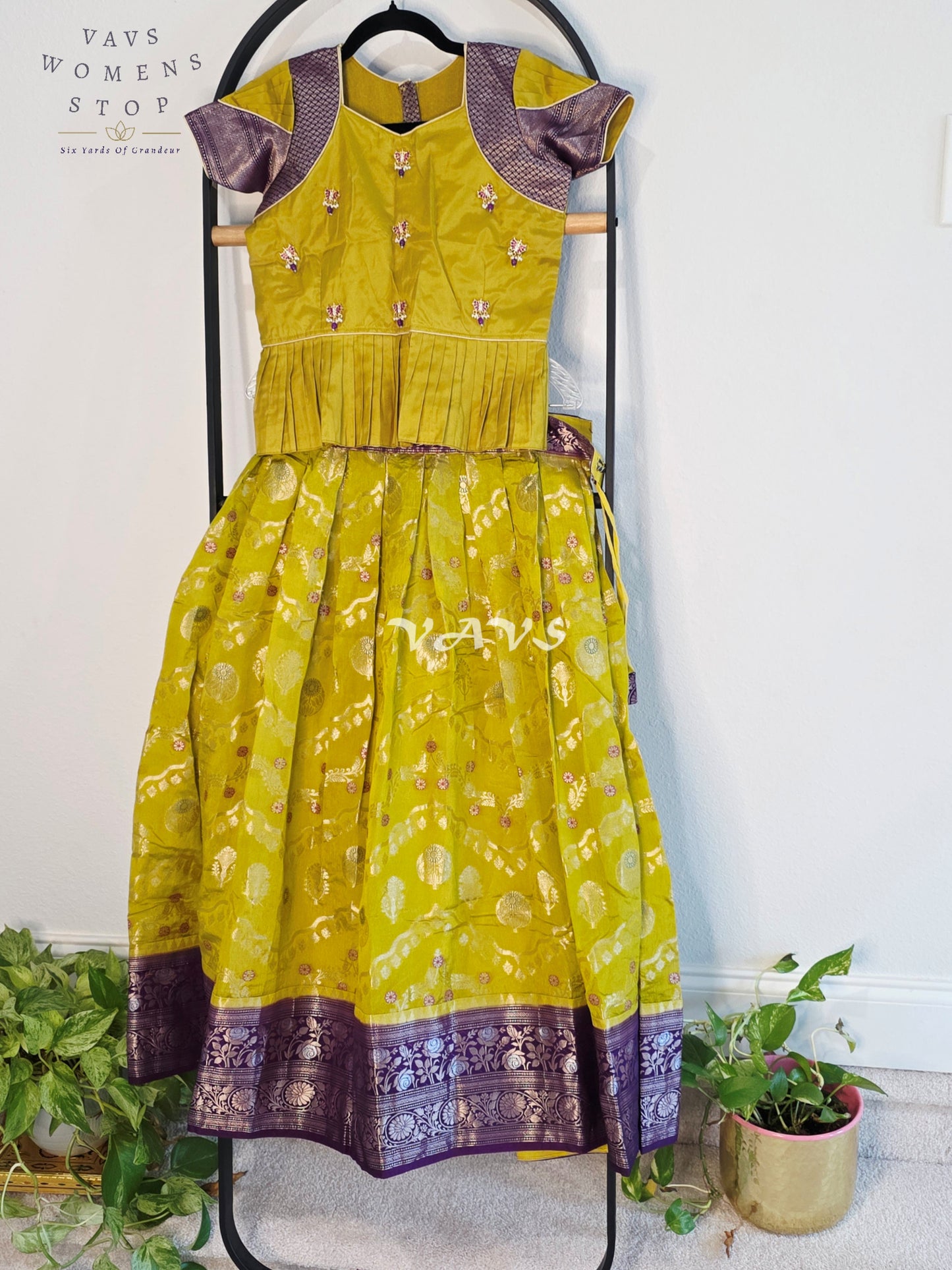 Royal Chartreuse Lime & Imperial Aubergine Benarasi Silk Lehenga Blouse Set for Girls Ages 10–11 Years