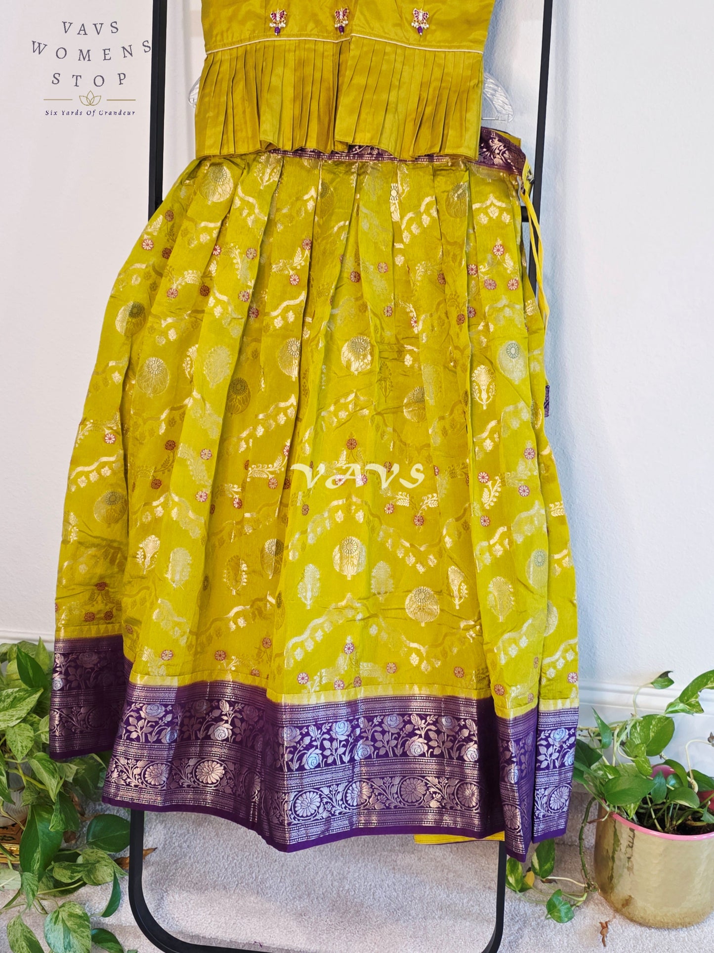 Royal Chartreuse Lime & Imperial Aubergine Benarasi Silk Lehenga Blouse Set for Girls Ages 10–11 Years