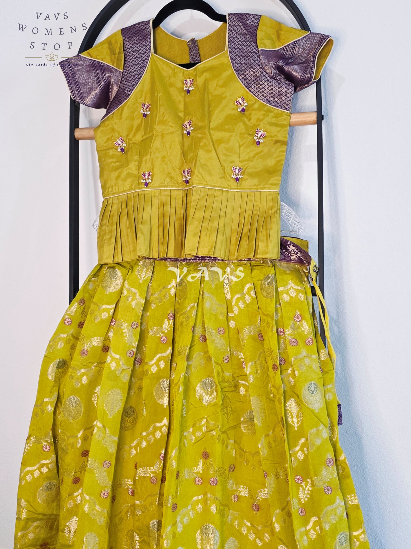Royal Chartreuse Lime & Imperial Aubergine Benarasi Silk Lehenga Blouse Set for Girls Ages 10–11 Years