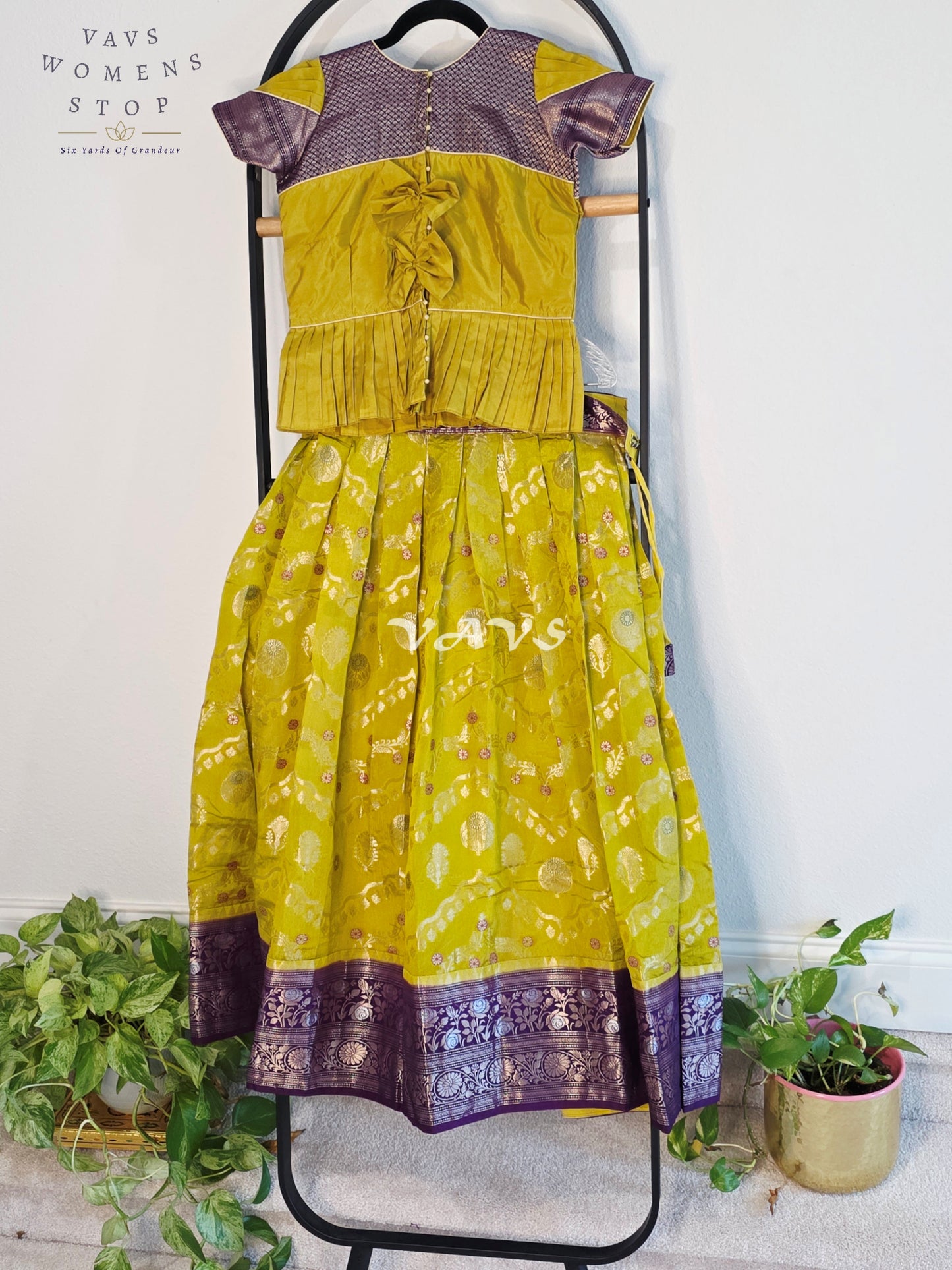 Royal Chartreuse Lime & Imperial Aubergine Benarasi Silk Lehenga Blouse Set for Girls Ages 10–11 Years