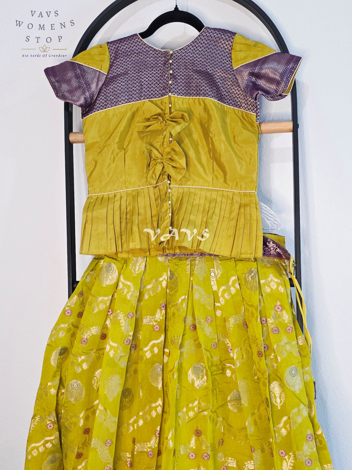 Royal Chartreuse Lime & Imperial Aubergine Benarasi Silk Lehenga Blouse Set for Girls Ages 10–11 Years