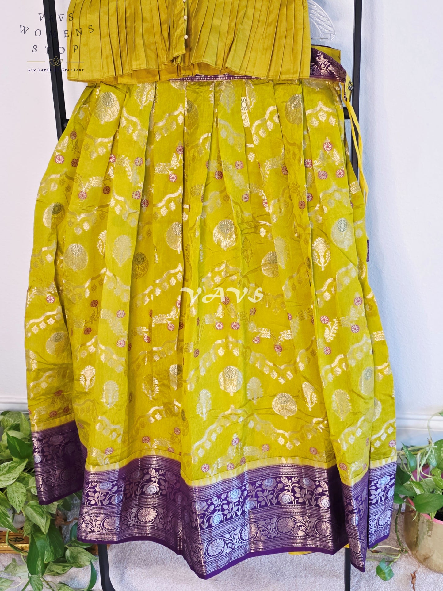 Royal Chartreuse Lime & Imperial Aubergine Benarasi Silk Lehenga Blouse Set for Girls Ages 10–11 Years