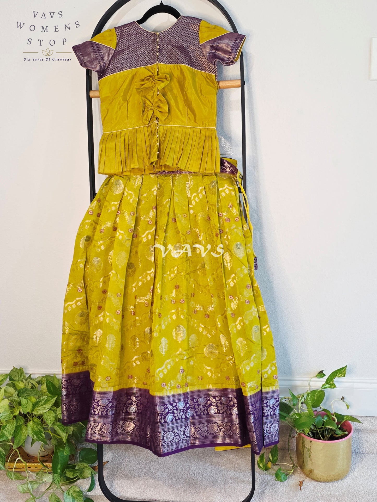 Royal Chartreuse Lime & Imperial Aubergine Benarasi Silk Lehenga Blouse Set for Girls Ages 10–11 Years