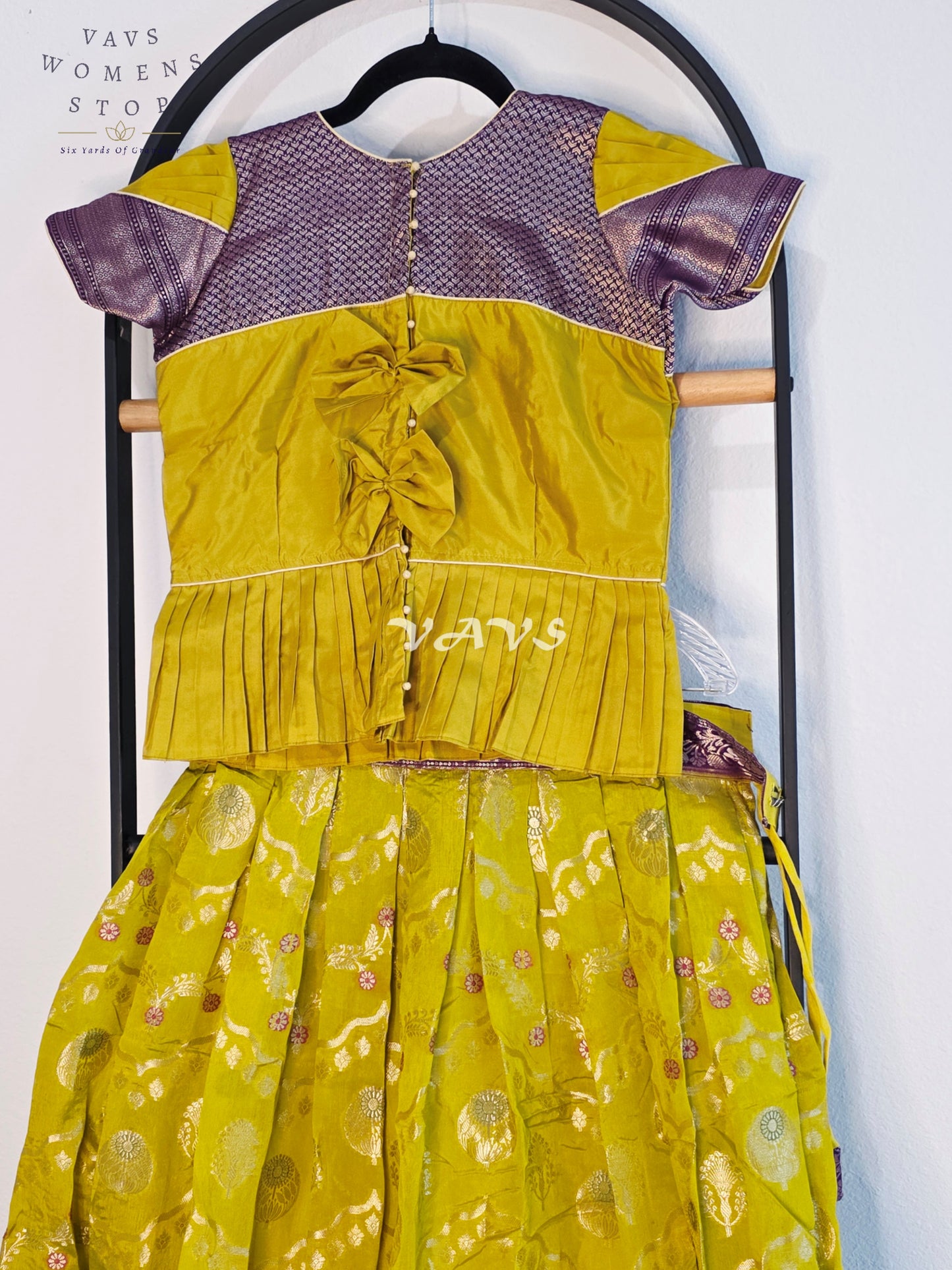 Royal Chartreuse Lime & Imperial Aubergine Benarasi Silk Lehenga Blouse Set for Girls Ages 10–11 Years