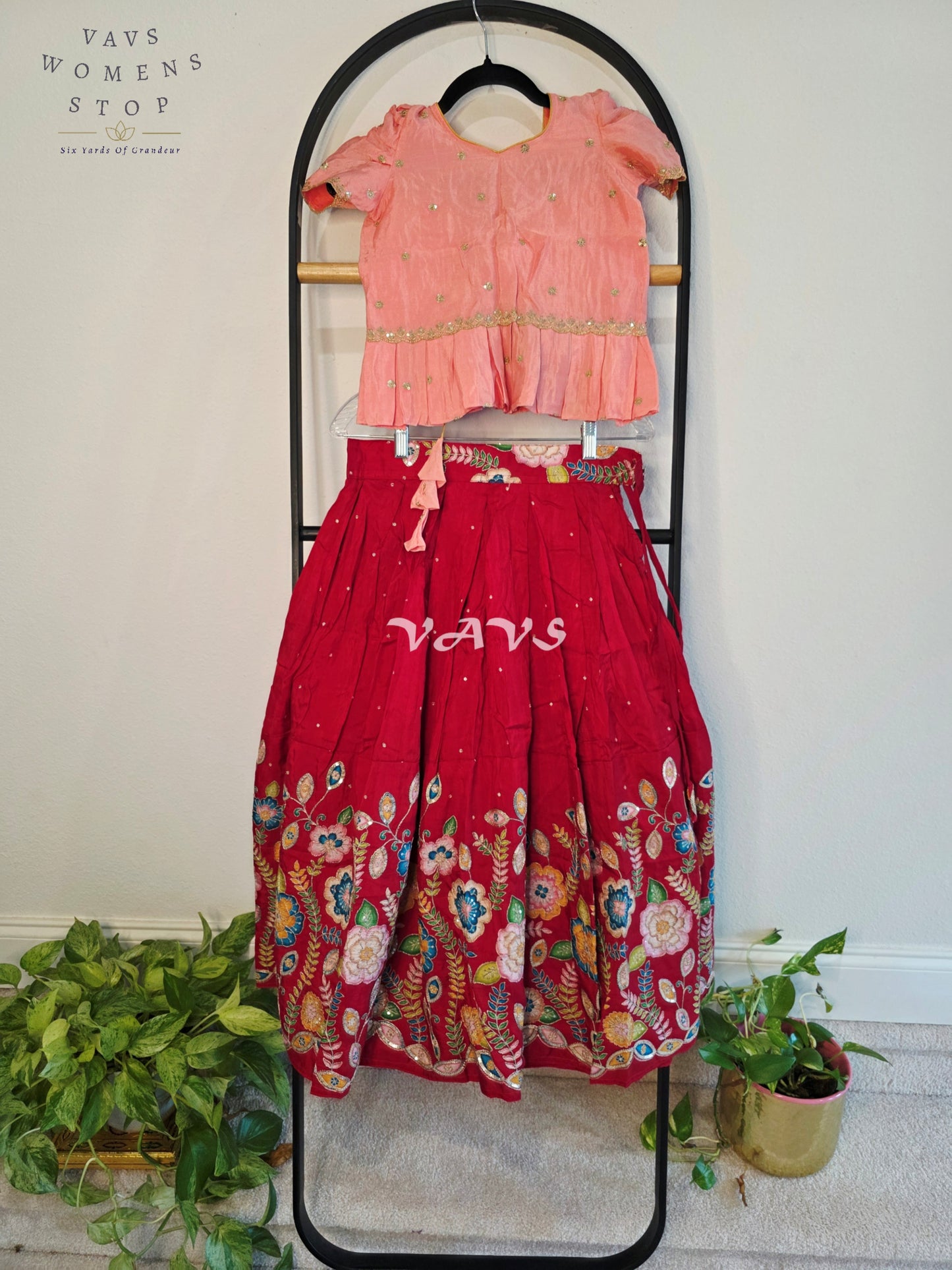 Royal Blush Peach & Crimson Ruby Munga Benarasi Designer Outline Embroidery Sequins Lehenga Set for Girls Ages 7–8 Years