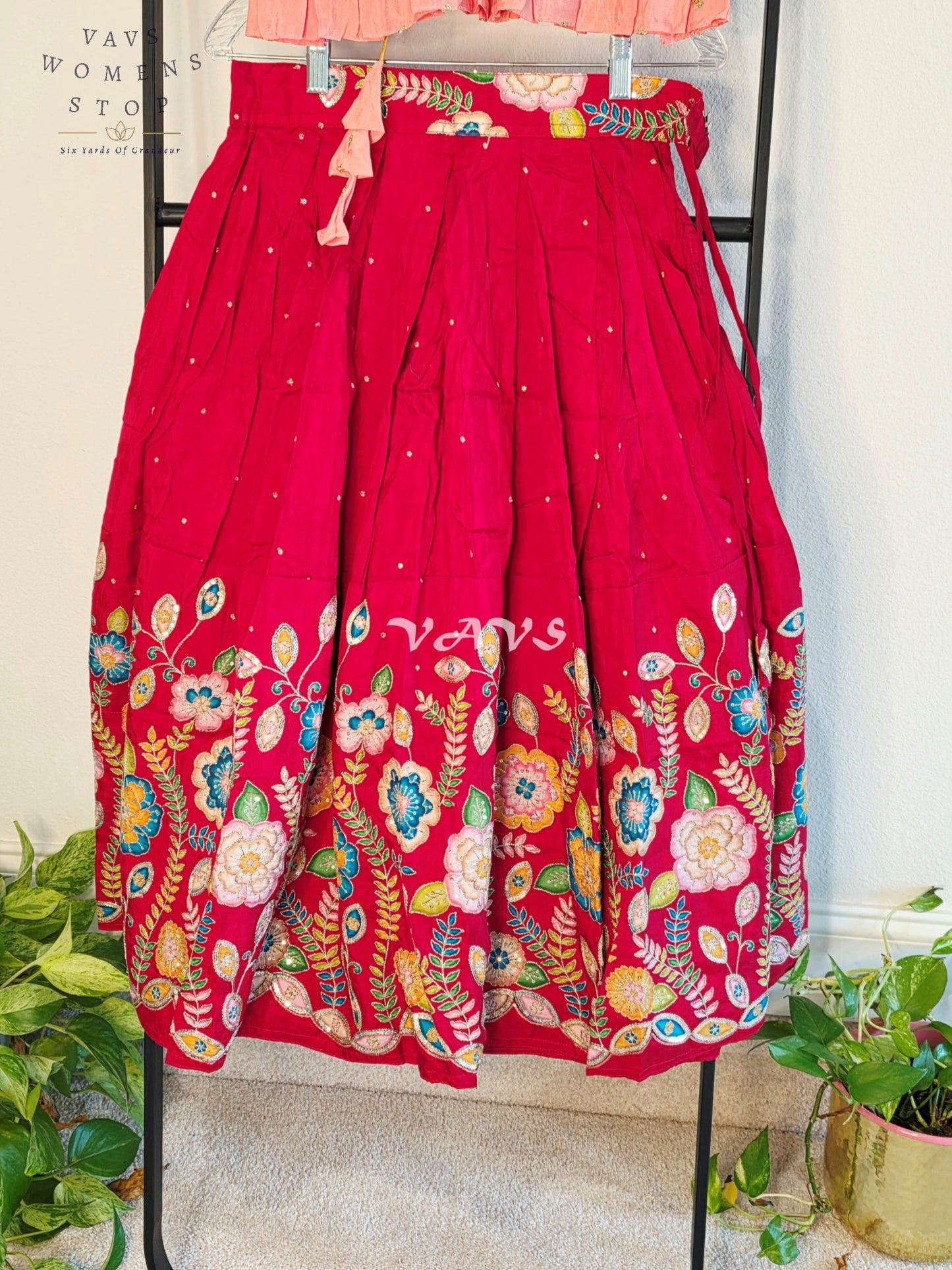 Royal Blush Peach & Crimson Ruby Munga Benarasi Designer Outline Embroidery Sequins Lehenga Set for Girls Ages 7–8 Years