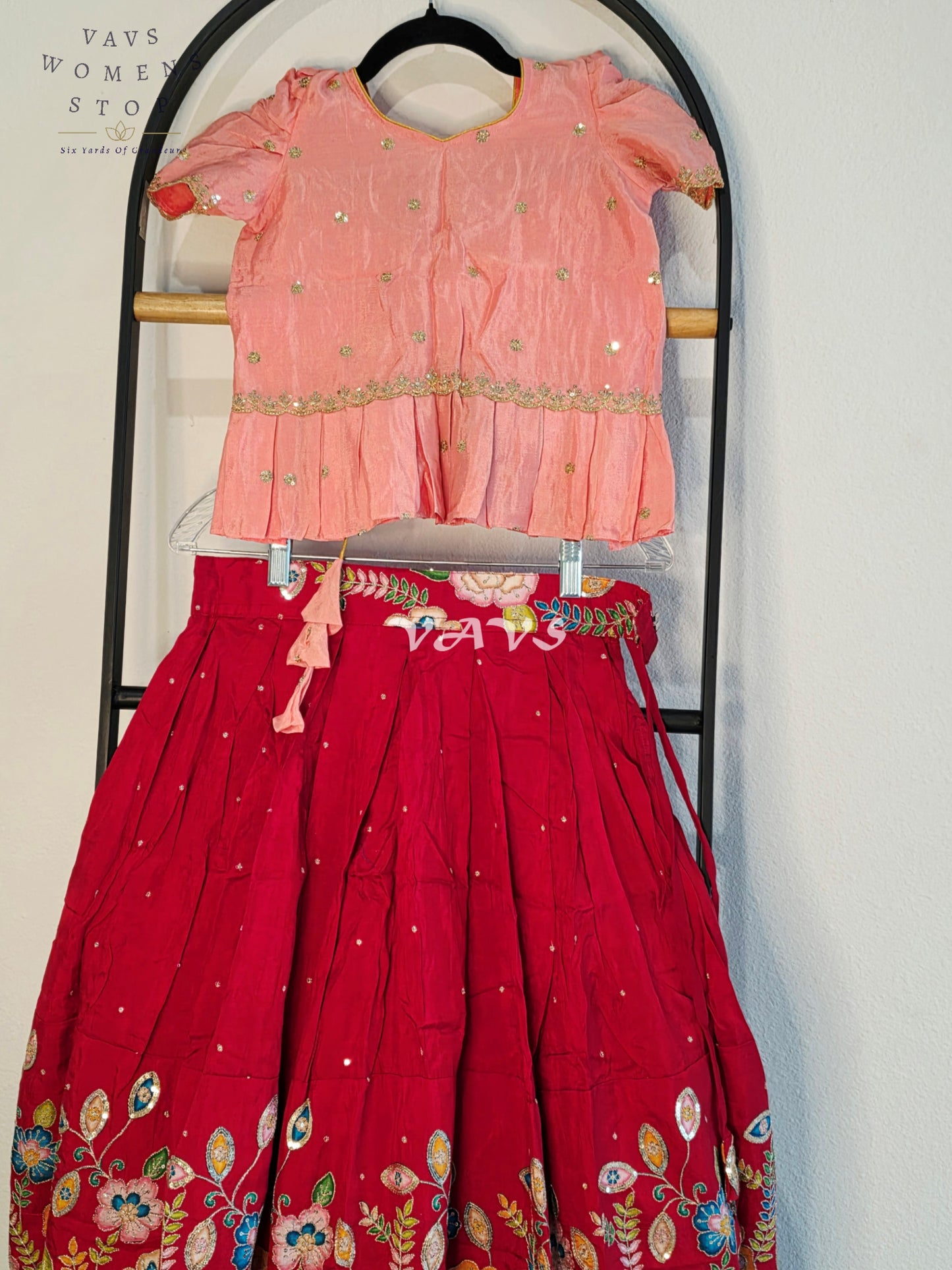 Royal Blush Peach & Crimson Ruby Munga Benarasi Designer Outline Embroidery Sequins Lehenga Set for Girls Ages 7–8 Years