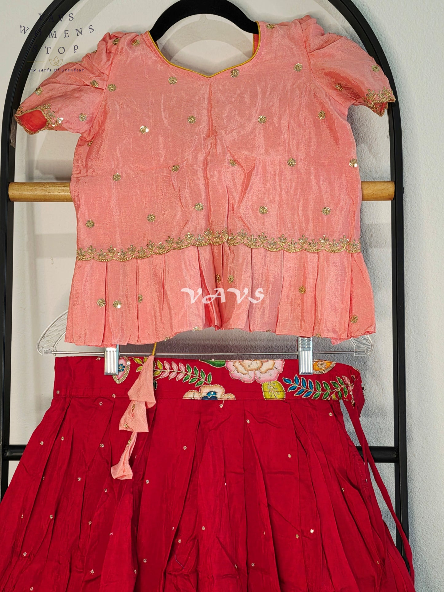 Royal Blush Peach & Crimson Ruby Munga Benarasi Designer Outline Embroidery Sequins Lehenga Set for Girls Ages 7–8 Years