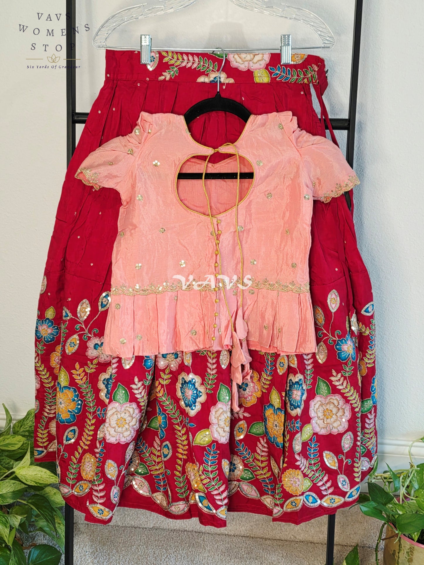 Royal Blush Peach & Crimson Ruby Munga Benarasi Designer Outline Embroidery Sequins Lehenga Set for Girls Ages 7–8 Years