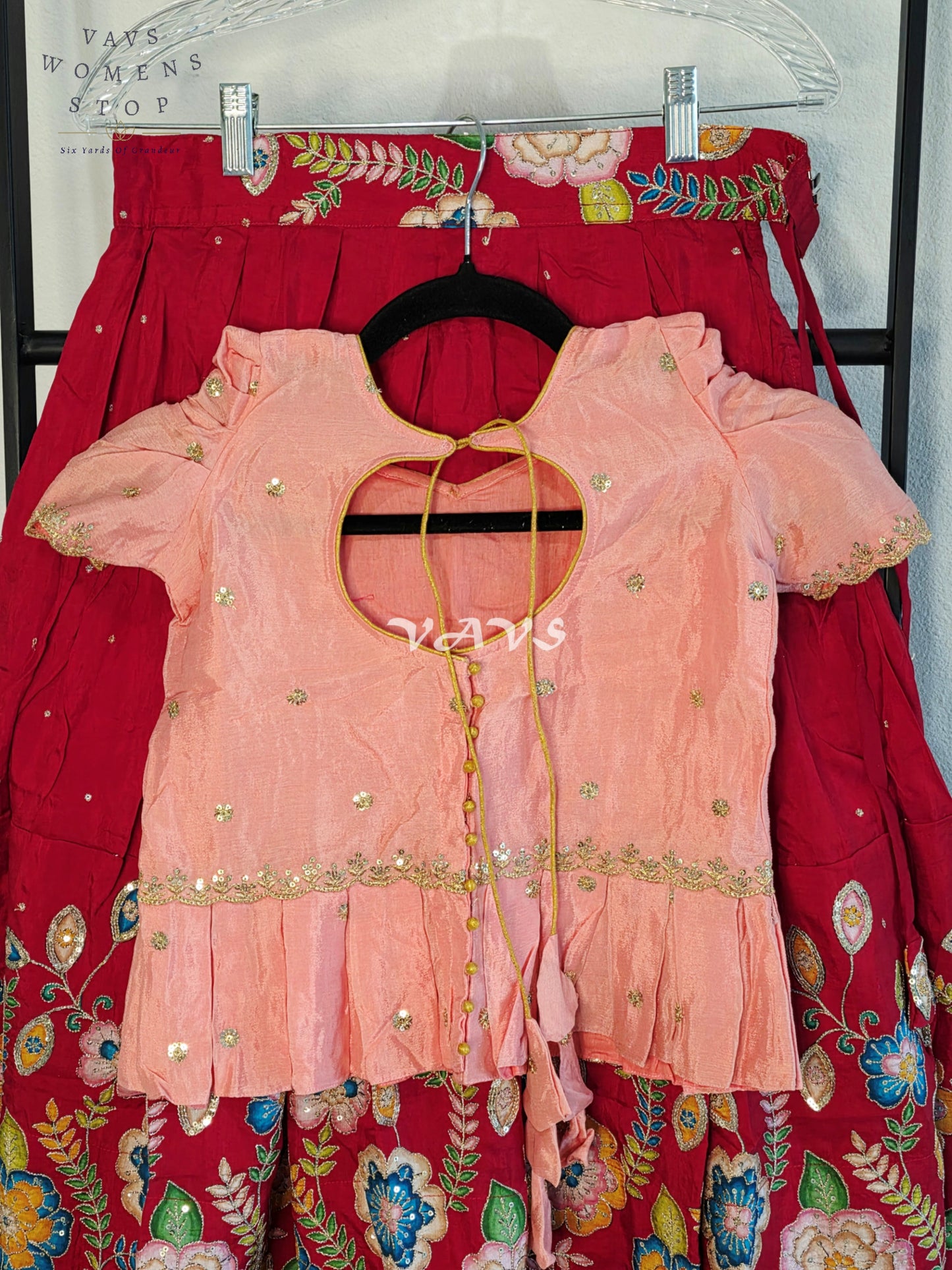 Royal Blush Peach & Crimson Ruby Munga Benarasi Designer Outline Embroidery Sequins Lehenga Set for Girls Ages 7–8 Years
