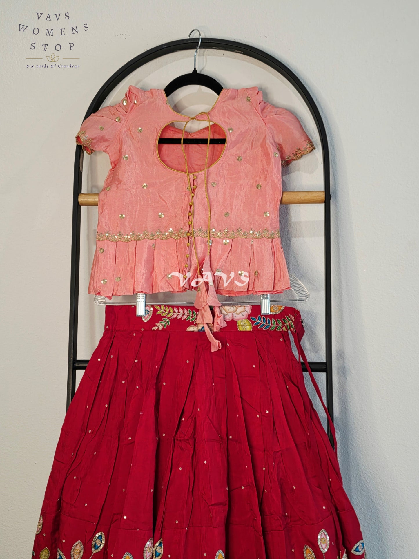 Royal Blush Peach & Crimson Ruby Munga Benarasi Designer Outline Embroidery Sequins Lehenga Set for Girls Ages 7–8 Years