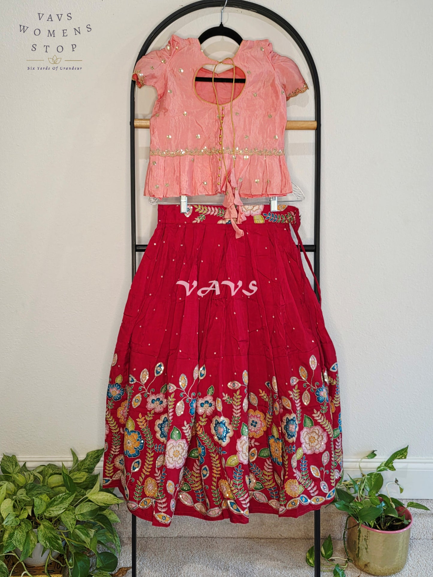 Royal Blush Peach & Crimson Ruby Munga Benarasi Designer Outline Embroidery Sequins Lehenga Set for Girls Ages 7–8 Years