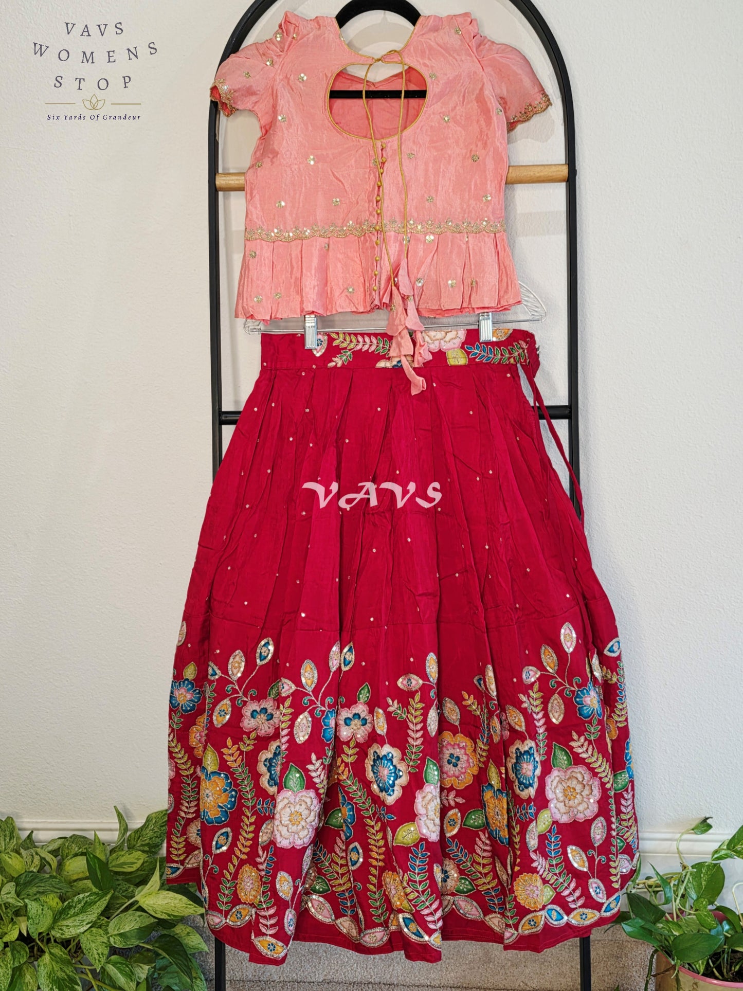 Royal Blush Peach & Crimson Ruby Munga Benarasi Designer Outline Embroidery Sequins Lehenga Set for Girls Ages 7–8 Years