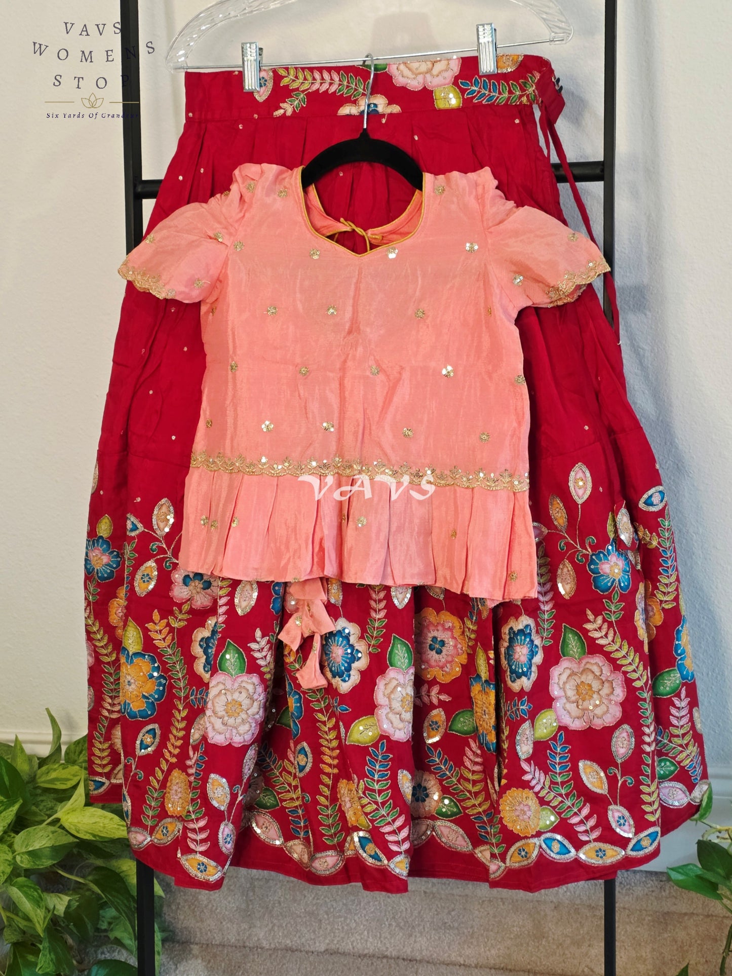 Royal Blush Peach & Crimson Ruby Munga Benarasi Designer Outline Embroidery Sequins Lehenga Set for Girls Ages 7–8 Years