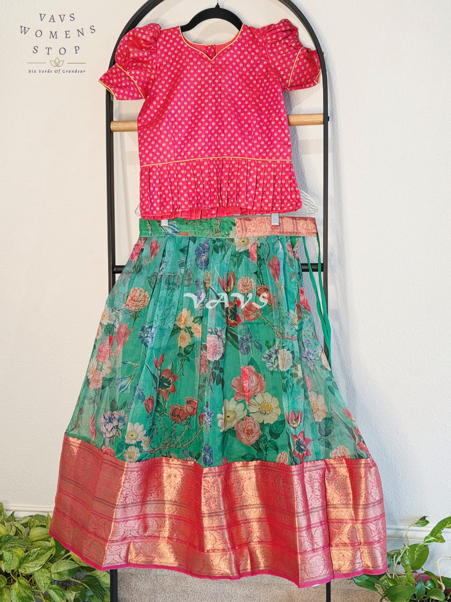 Royal Seafoam Aqua Floral Print Organza Lehenga with Peach Pink Benarasi Blouse Set for Girls Ages 7–8