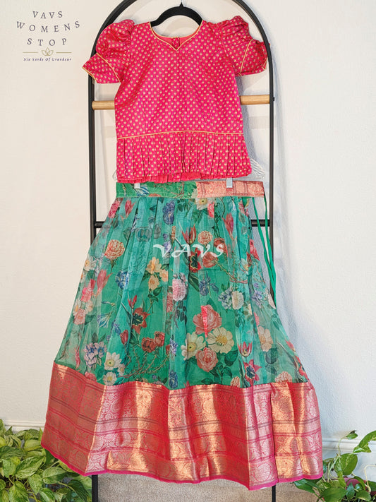 Royal Seafoam Aqua Floral Print Organza Lehenga with Peach Pink Benarasi Blouse Set for Girls Ages 7–8