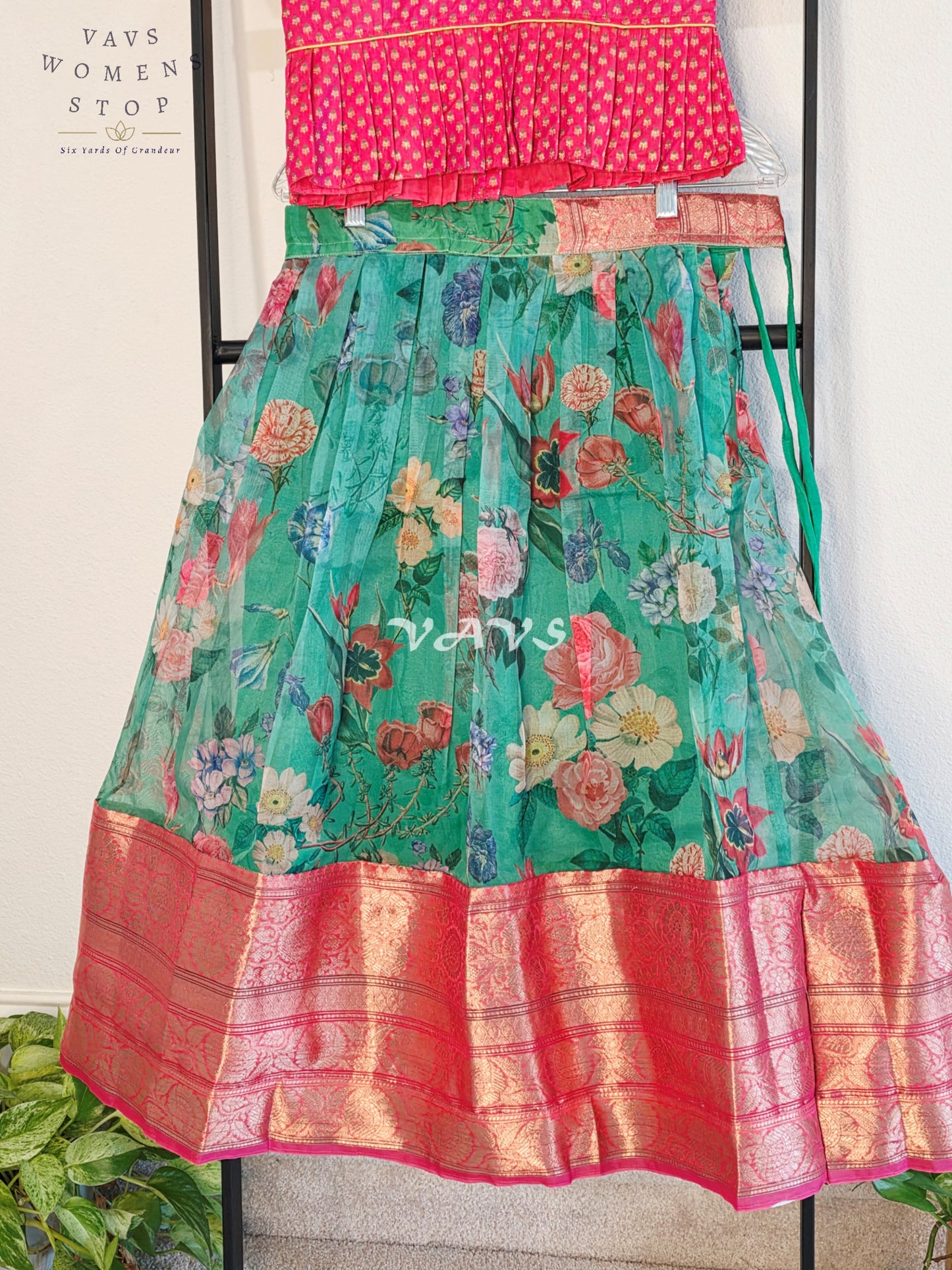 Royal Seafoam Aqua Floral Print Organza Lehenga with Peach Pink Benarasi Blouse Set for Girls Ages 7–8