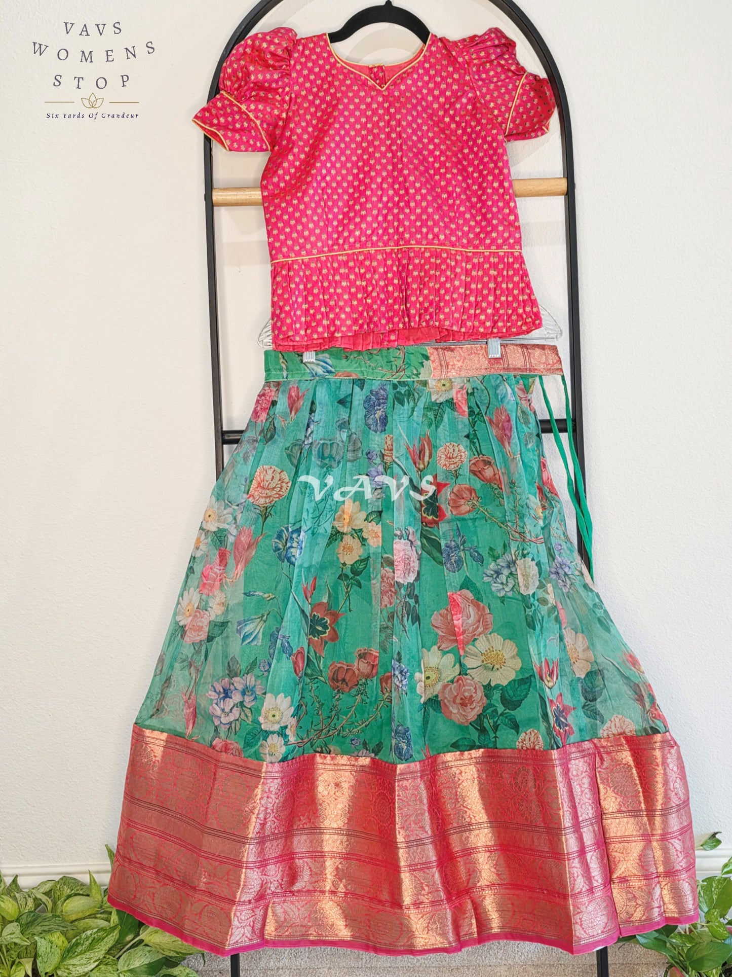 Royal Seafoam Aqua Floral Print Organza Lehenga with Peach Pink Benarasi Blouse Set for Girls Ages 7–8