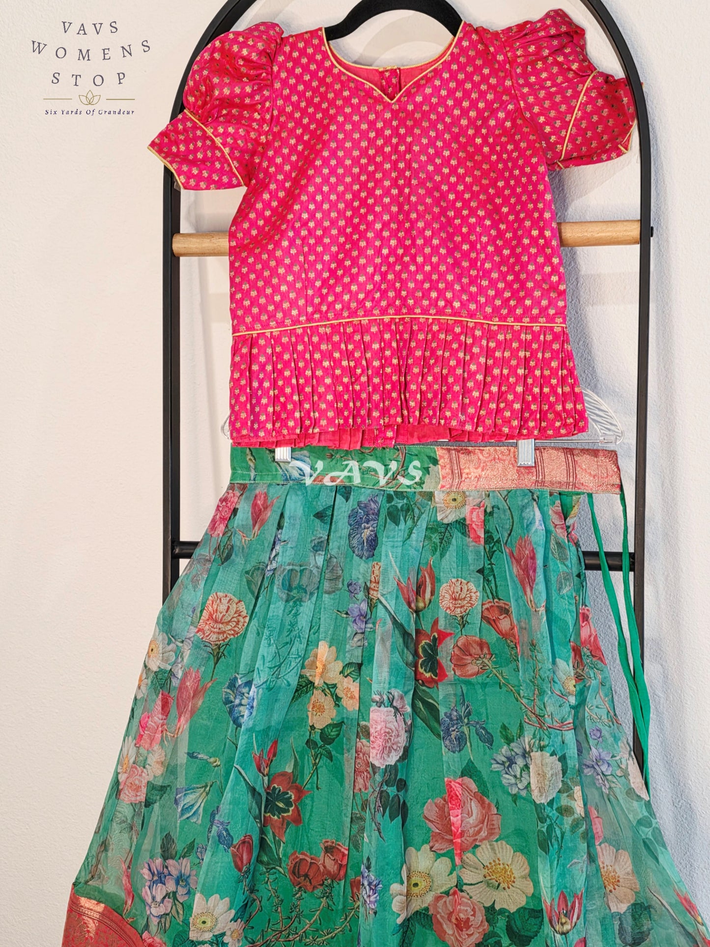 Royal Seafoam Aqua Floral Print Organza Lehenga with Peach Pink Benarasi Blouse Set for Girls Ages 7–8