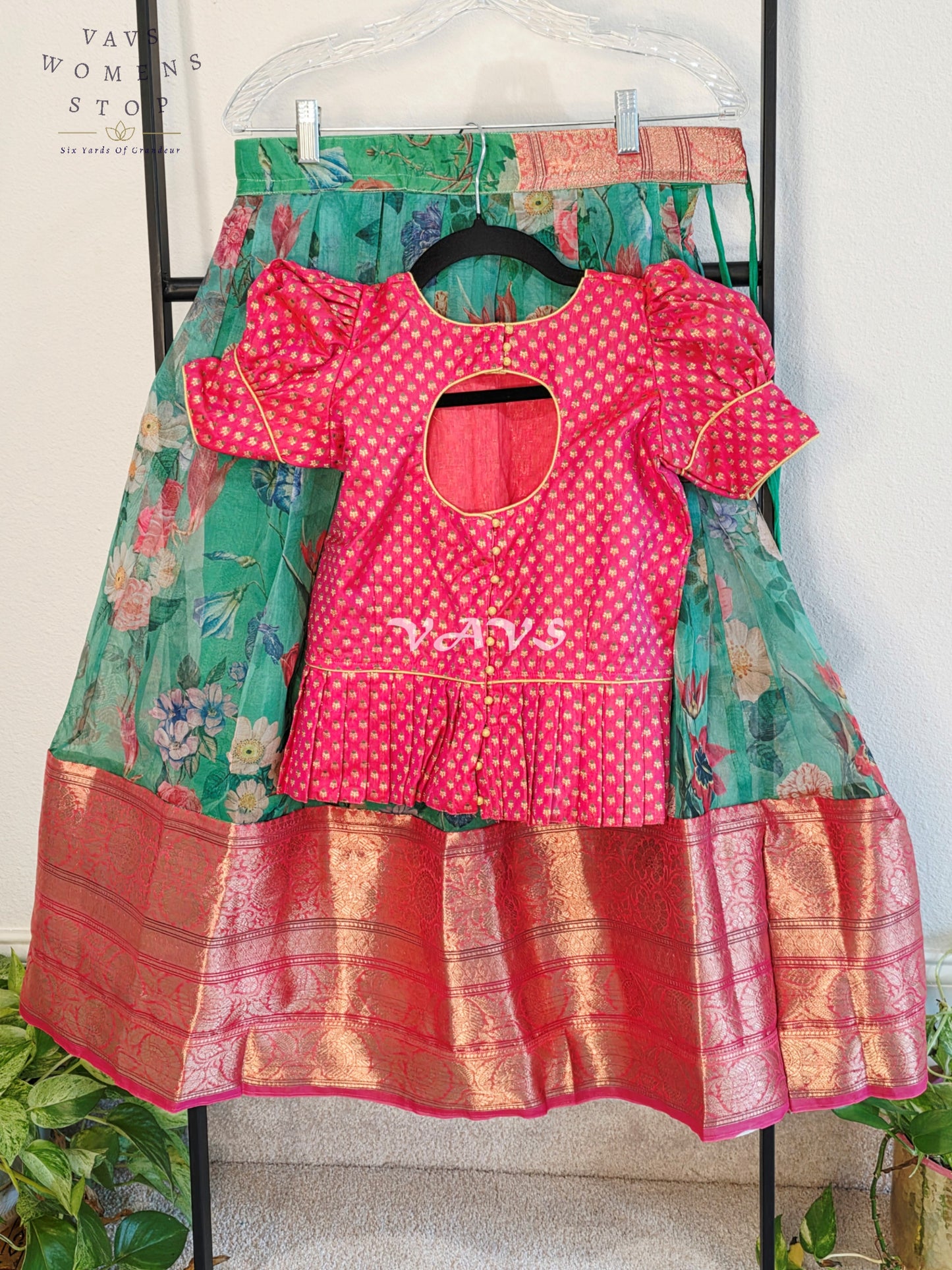Royal Seafoam Aqua Floral Print Organza Lehenga with Peach Pink Benarasi Blouse Set for Girls Ages 7–8