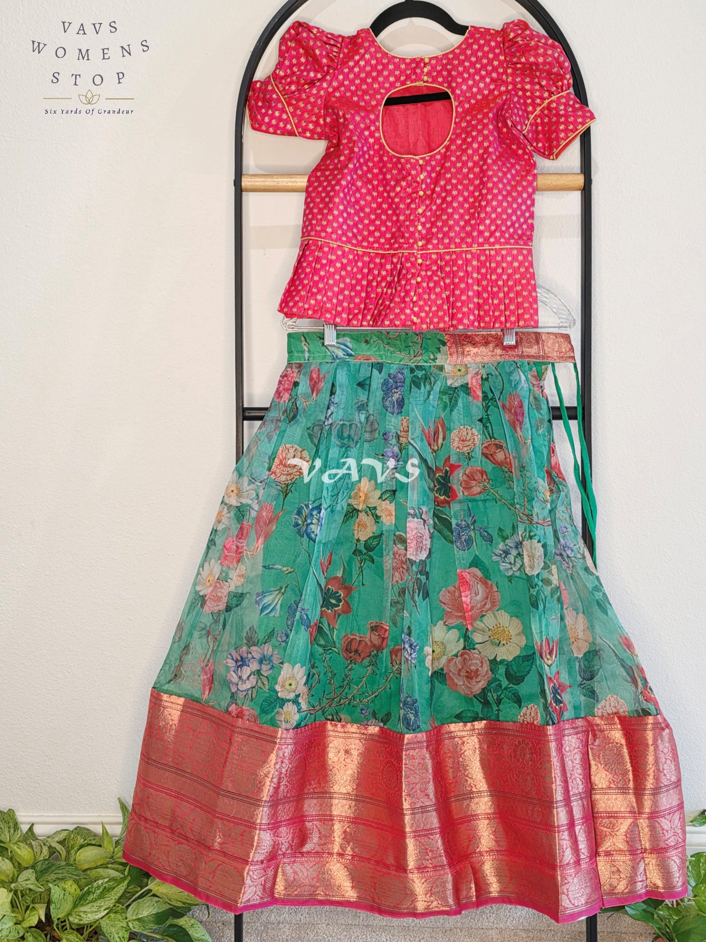 Royal Seafoam Aqua Floral Print Organza Lehenga with Peach Pink Benarasi Blouse Set for Girls Ages 7–8