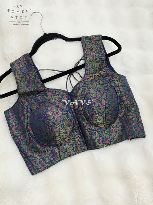 Royal Midnight Sapphire Blue Benarasi Brocade Designer Blouse with Emerald Green & Magenta Floral Weave