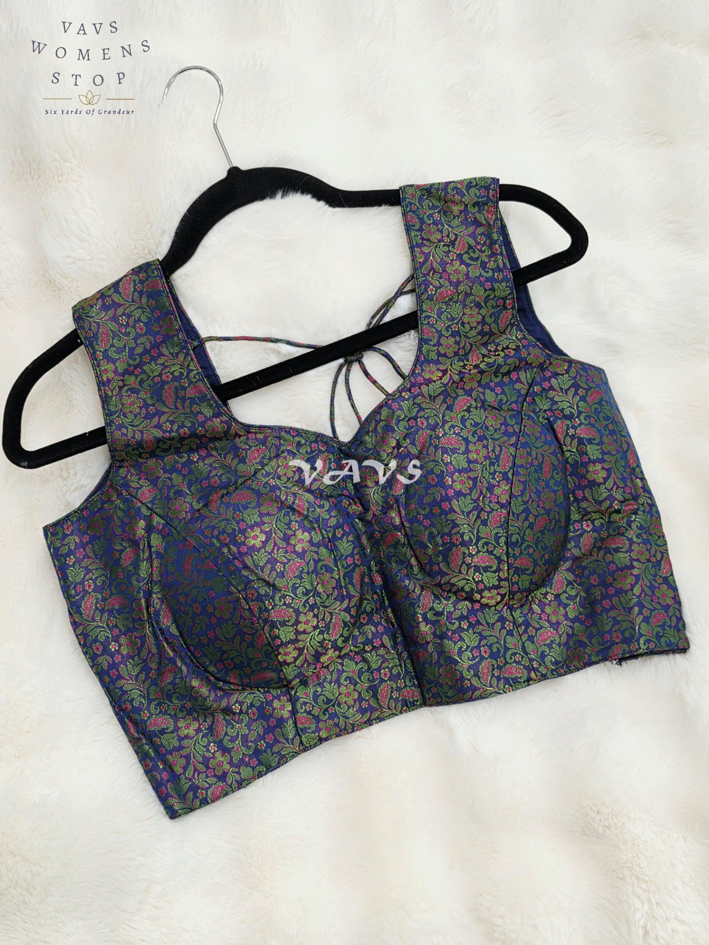 Royal Midnight Sapphire Blue Benarasi Brocade Designer Blouse with Emerald Green & Magenta Floral Weave