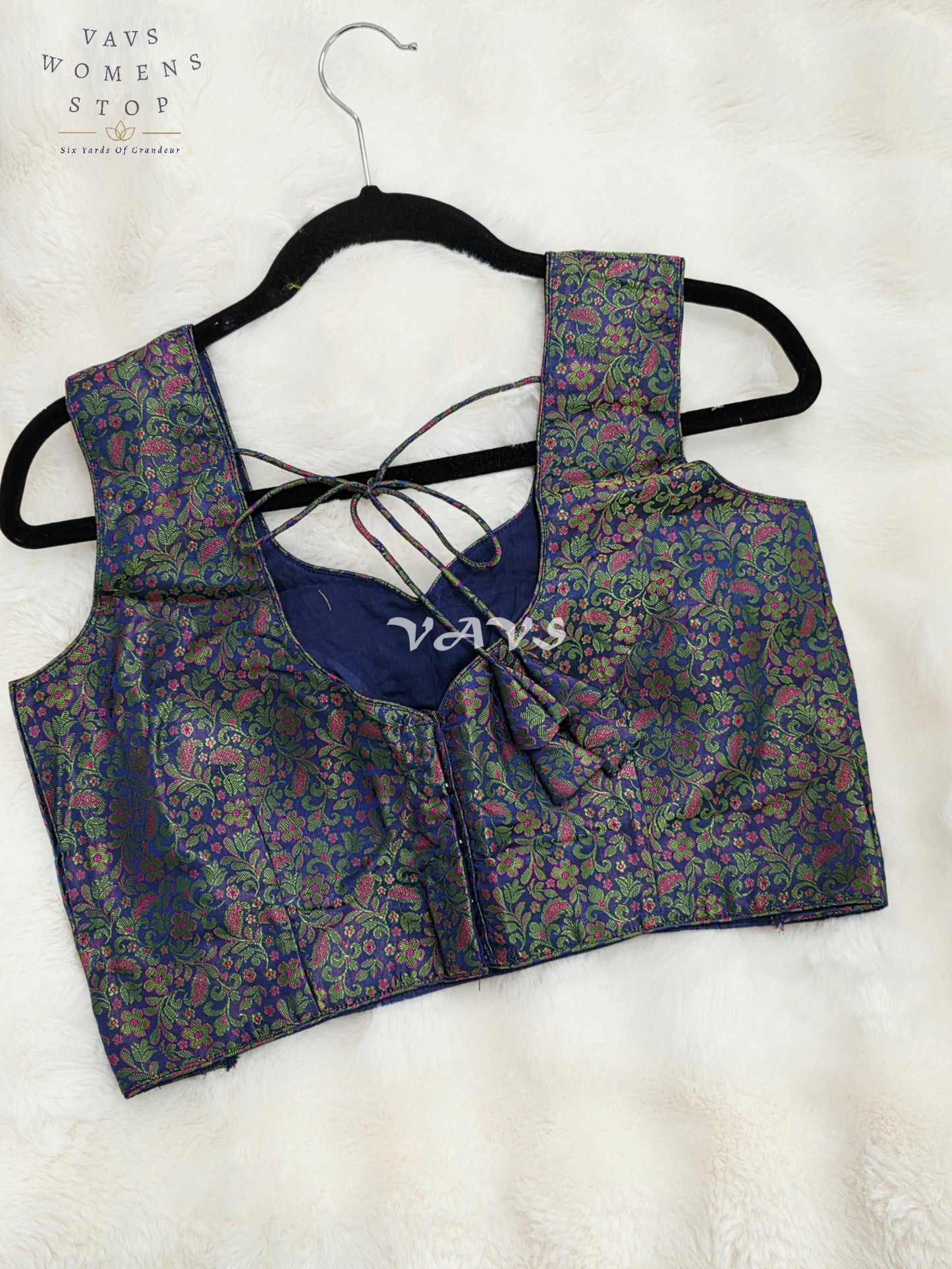Royal Midnight Sapphire Blue Benarasi Brocade Designer Blouse with Emerald Green & Magenta Floral Weave