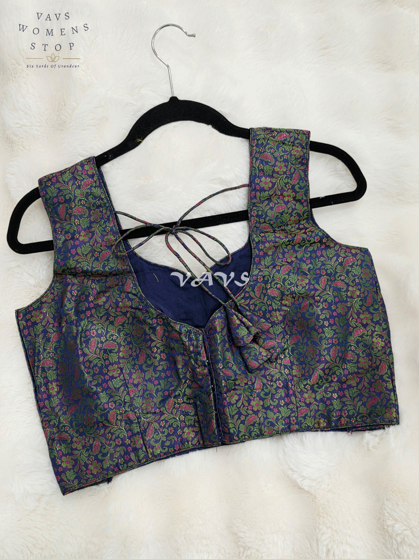 Royal Midnight Sapphire Blue Benarasi Brocade Designer Blouse with Emerald Green & Magenta Floral Weave