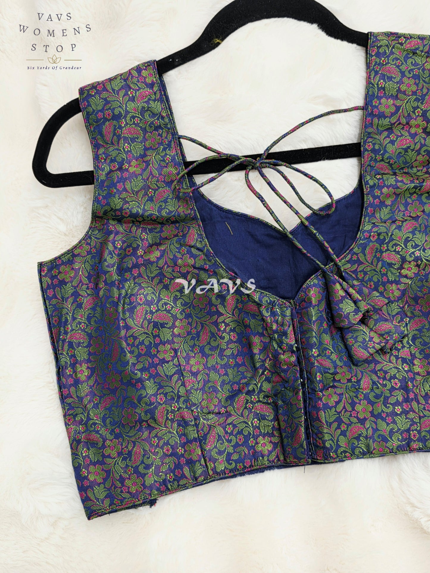 Royal Midnight Sapphire Blue Benarasi Brocade Designer Blouse with Emerald Green & Magenta Floral Weave