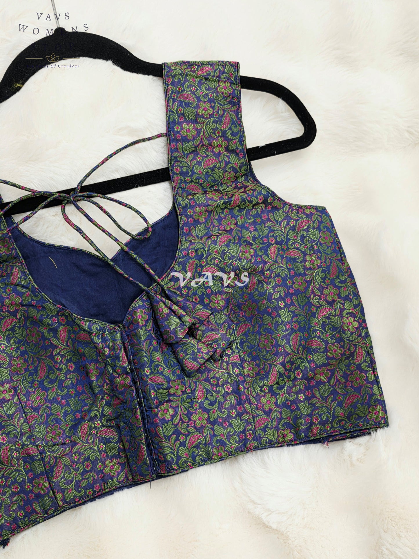 Royal Midnight Sapphire Blue Benarasi Brocade Designer Blouse with Emerald Green & Magenta Floral Weave