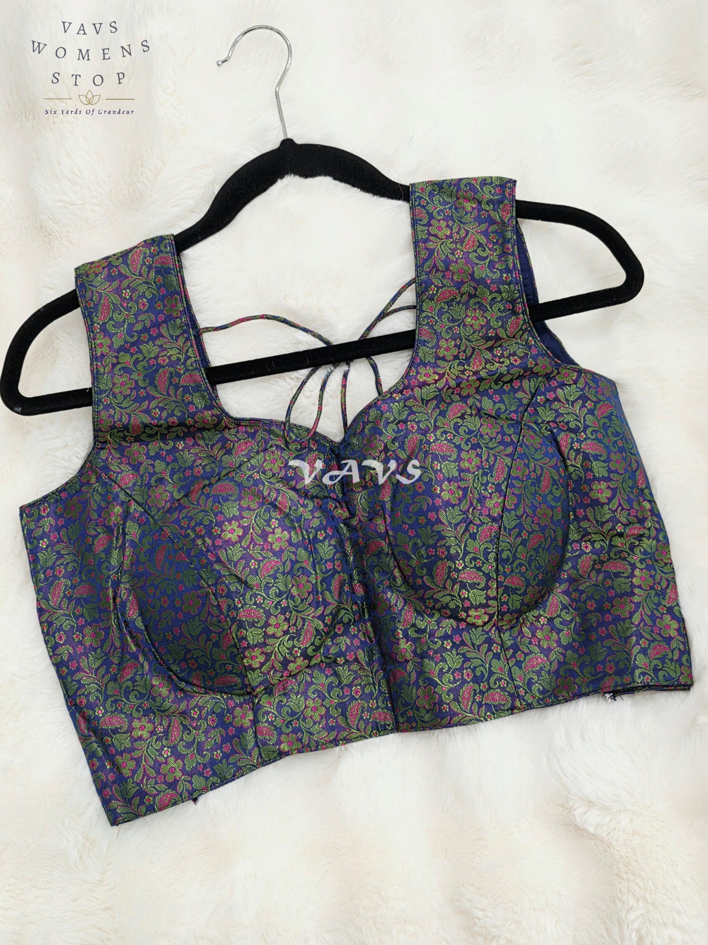 Royal Midnight Sapphire Blue Benarasi Brocade Designer Blouse with Emerald Green & Magenta Floral Weave