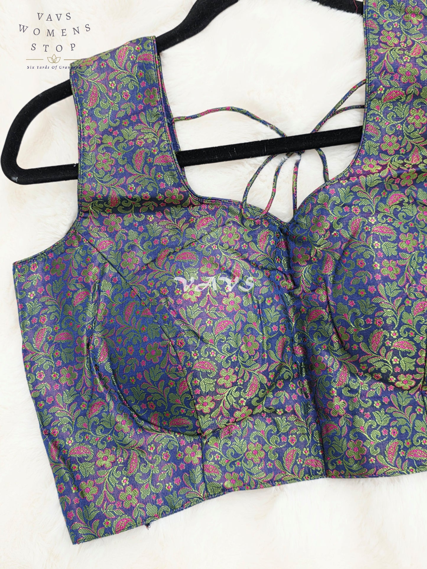Royal Midnight Sapphire Blue Benarasi Brocade Designer Blouse with Emerald Green & Magenta Floral Weave