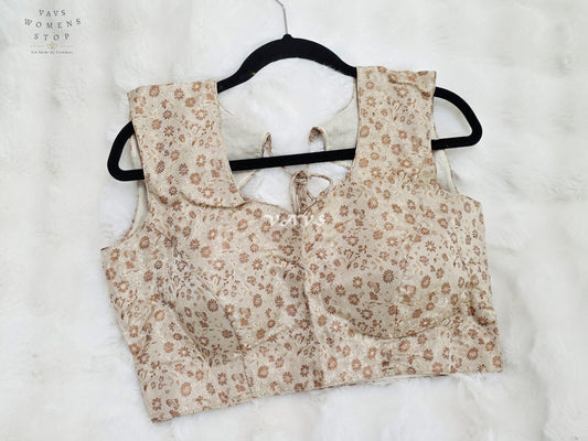 Royal Champagne Ivory Benarasi Brocade Designer Blouse with Rose Gold Floral Weave
