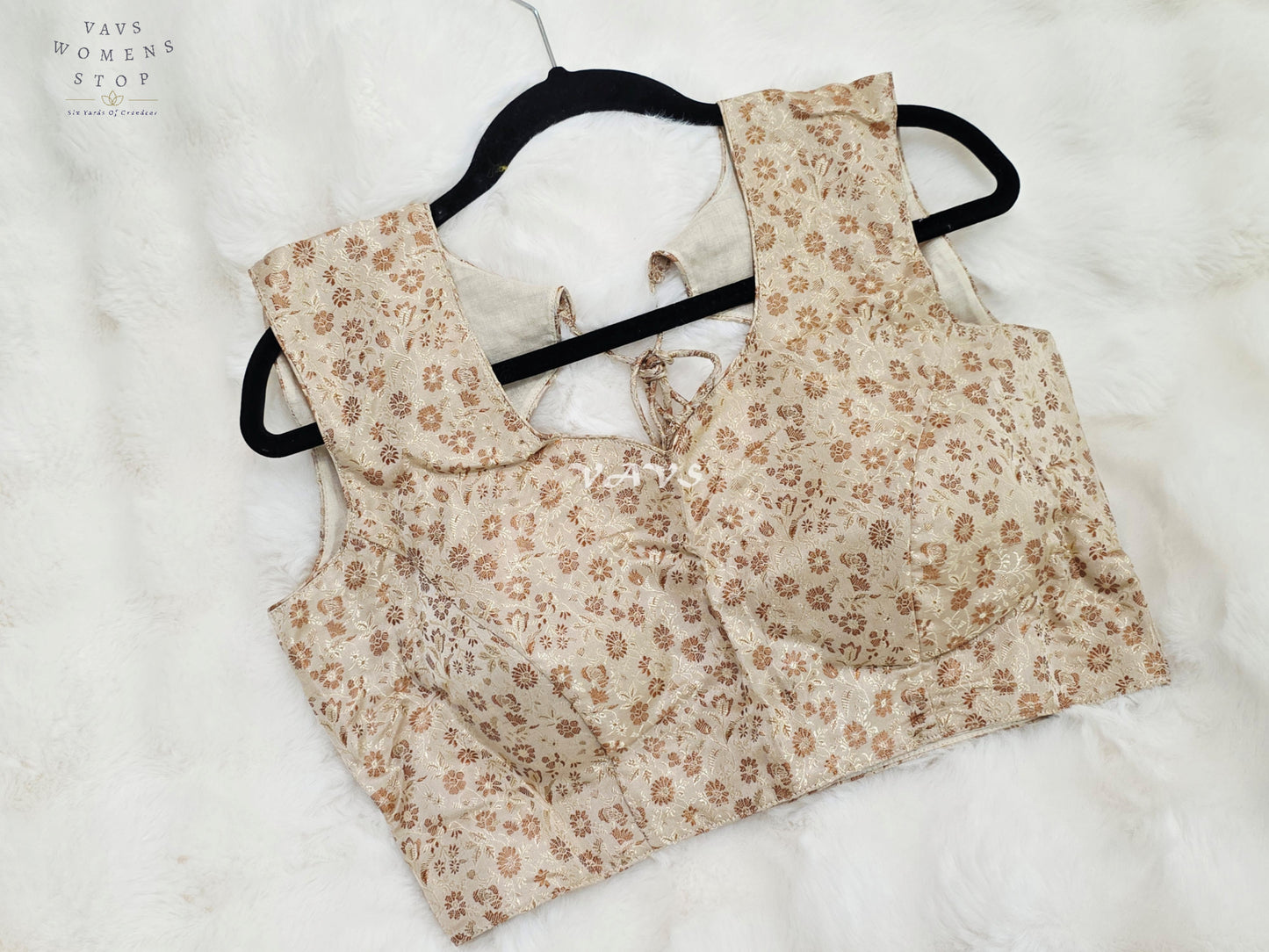 Royal Champagne Ivory Benarasi Brocade Designer Blouse with Rose Gold Floral Weave