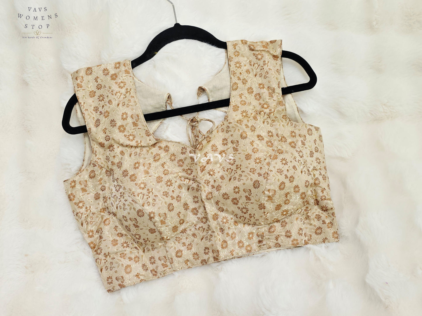 Royal Champagne Ivory Benarasi Brocade Designer Blouse with Rose Gold Floral Weave