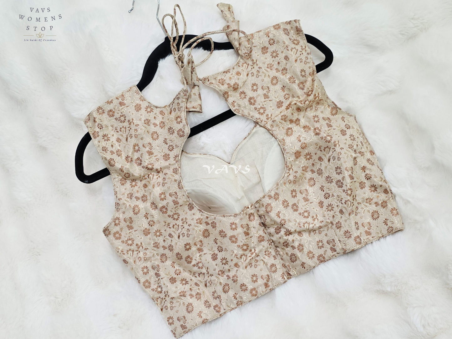 Royal Champagne Ivory Benarasi Brocade Designer Blouse with Rose Gold Floral Weave