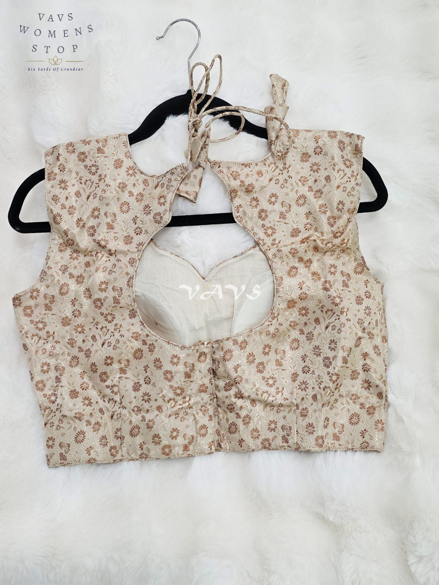 Royal Champagne Ivory Benarasi Brocade Designer Blouse with Rose Gold Floral Weave