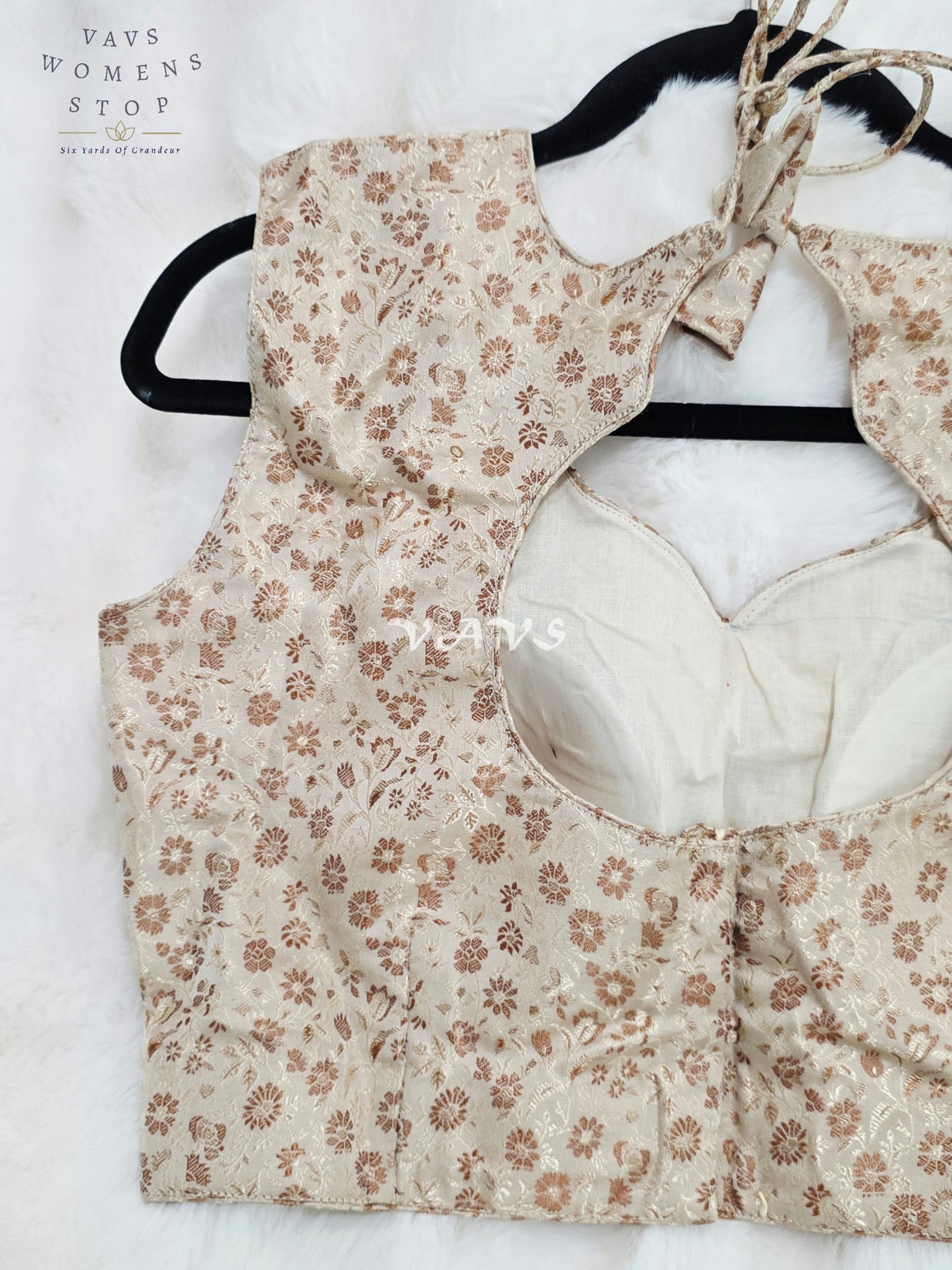 Royal Champagne Ivory Benarasi Brocade Designer Blouse with Rose Gold Floral Weave