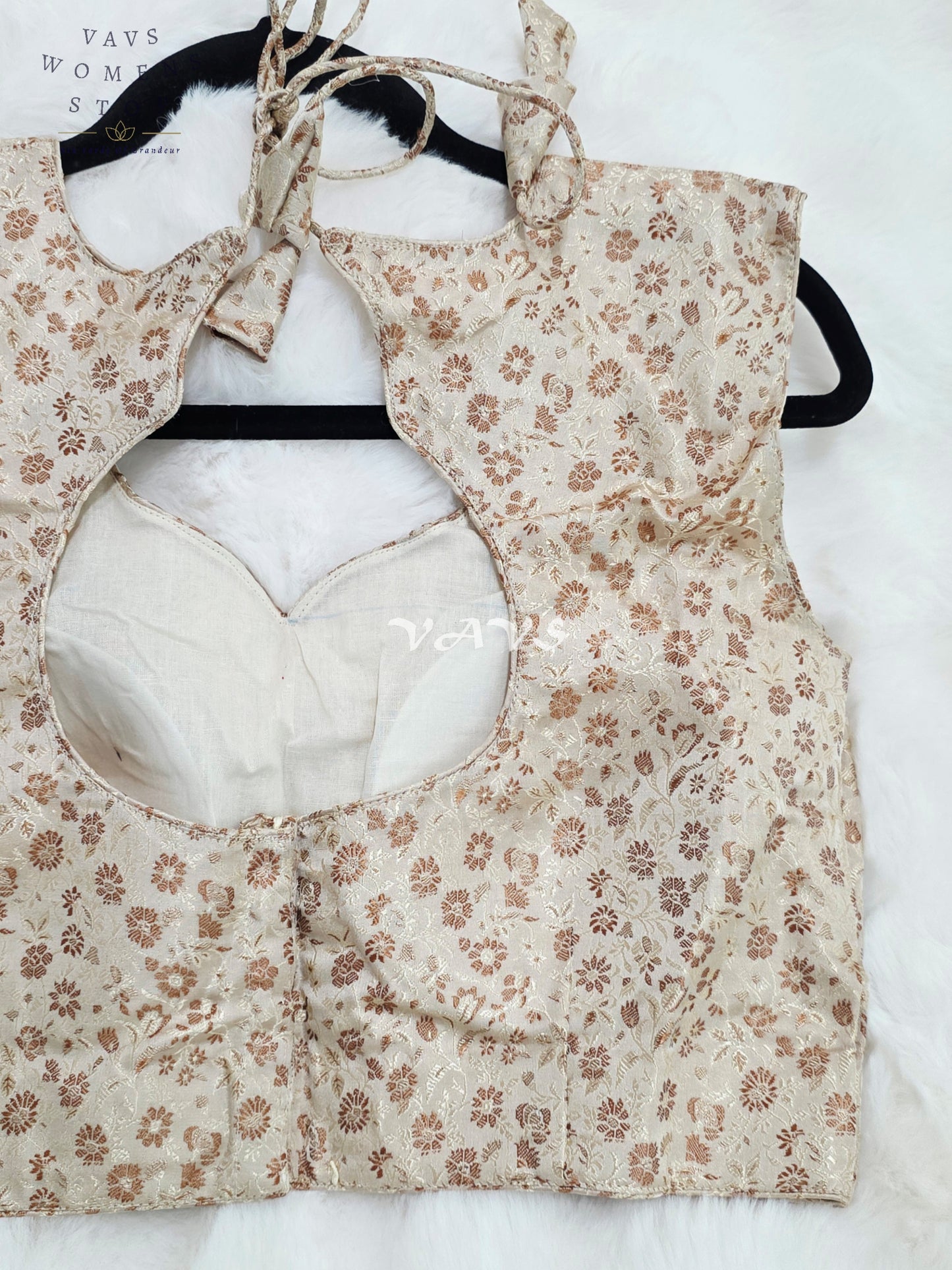 Royal Champagne Ivory Benarasi Brocade Designer Blouse with Rose Gold Floral Weave