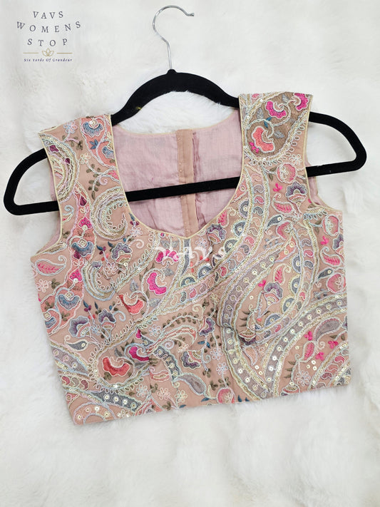 Royal Blush Champagne Nude Designer Embroidered Georgette Blouse with Pastel Paisley Sequins