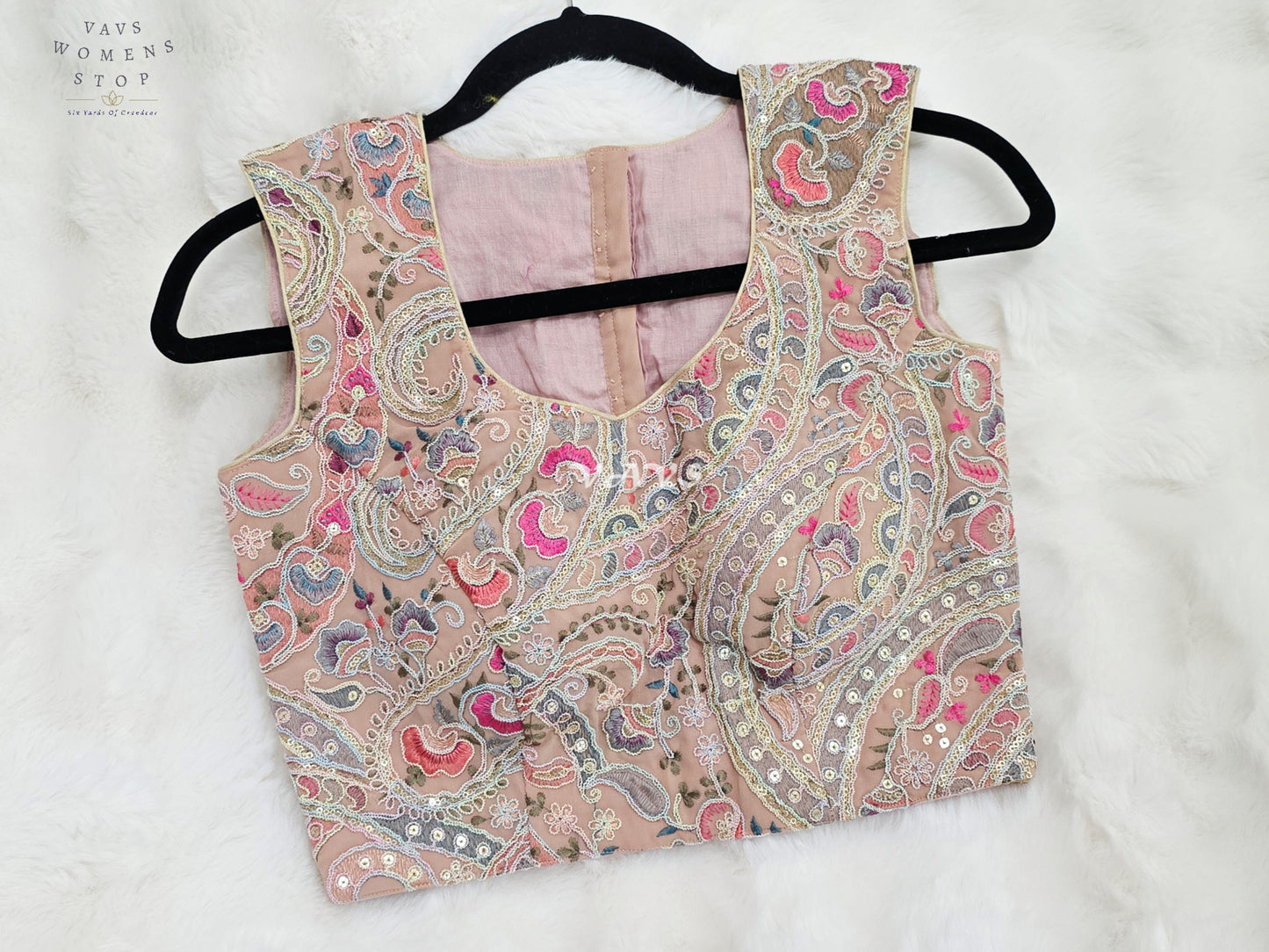 Royal Blush Champagne Nude Designer Embroidered Georgette Blouse with Pastel Paisley Sequins