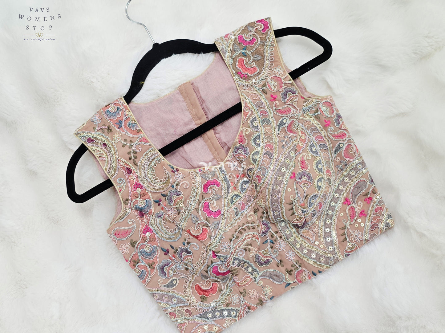 Royal Blush Champagne Nude Designer Embroidered Georgette Blouse with Pastel Paisley Sequins