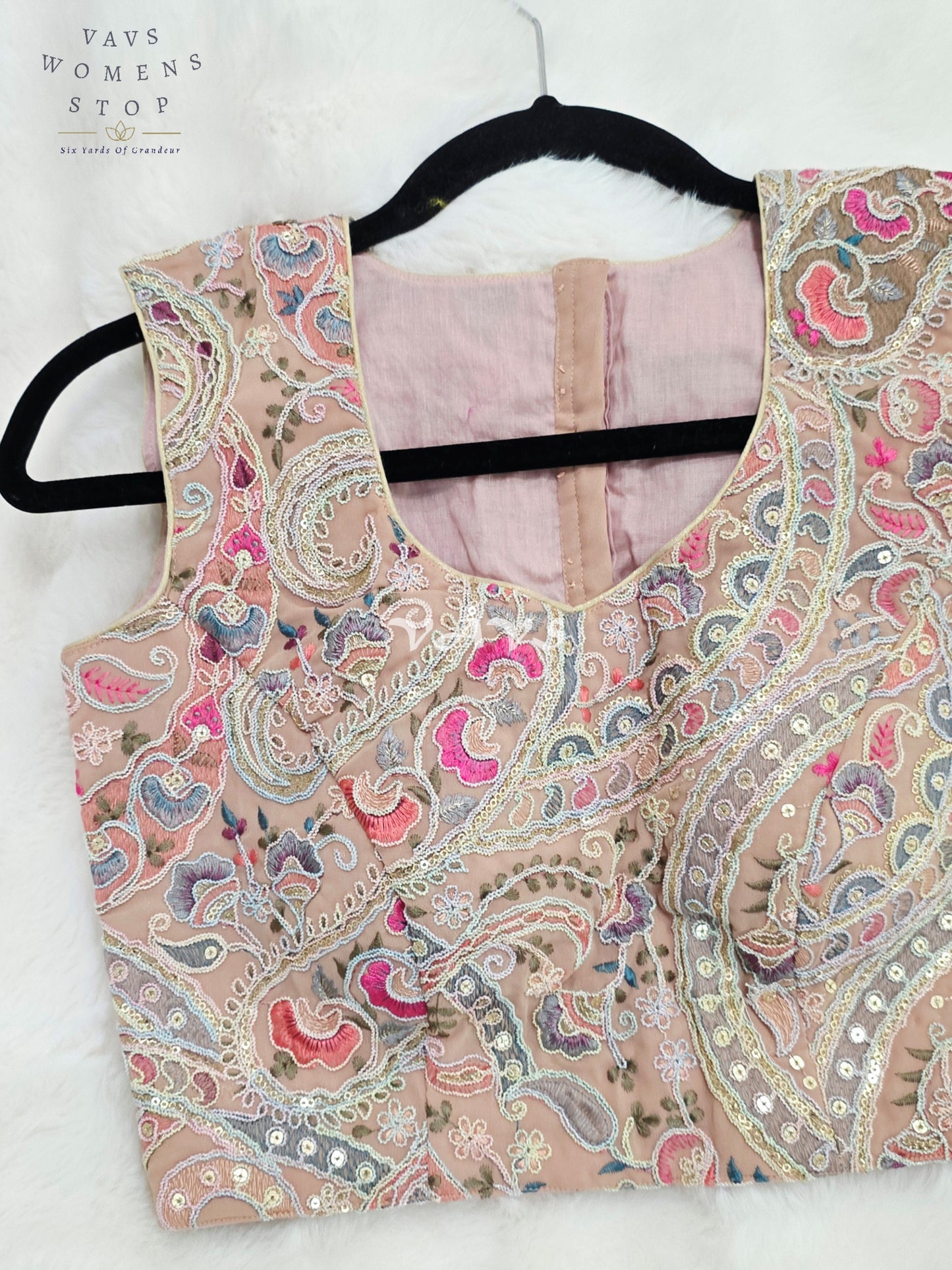 Royal Blush Champagne Nude Designer Embroidered Georgette Blouse with Pastel Paisley Sequins