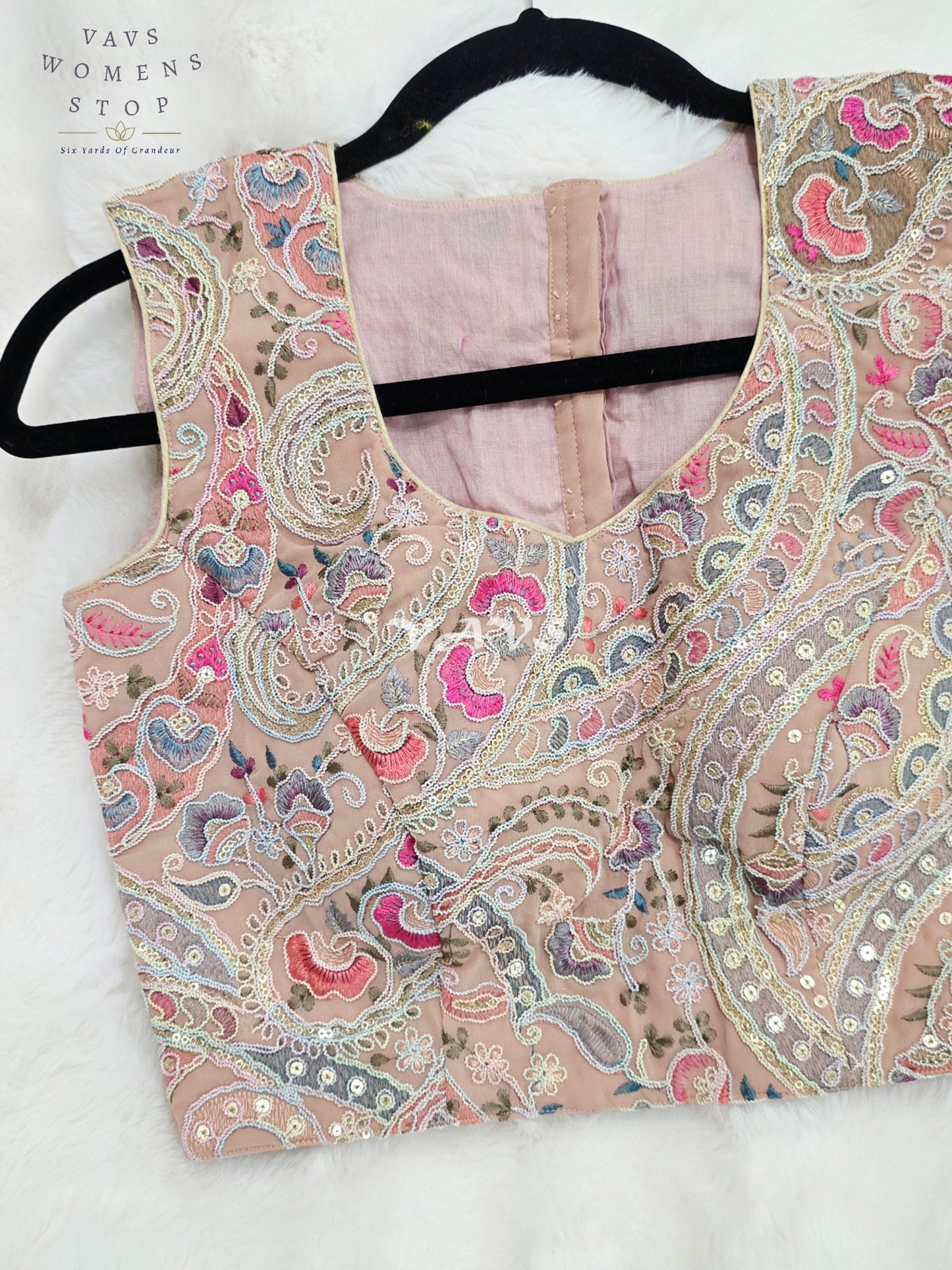 Royal Blush Champagne Nude Designer Embroidered Georgette Blouse with Pastel Paisley Sequins