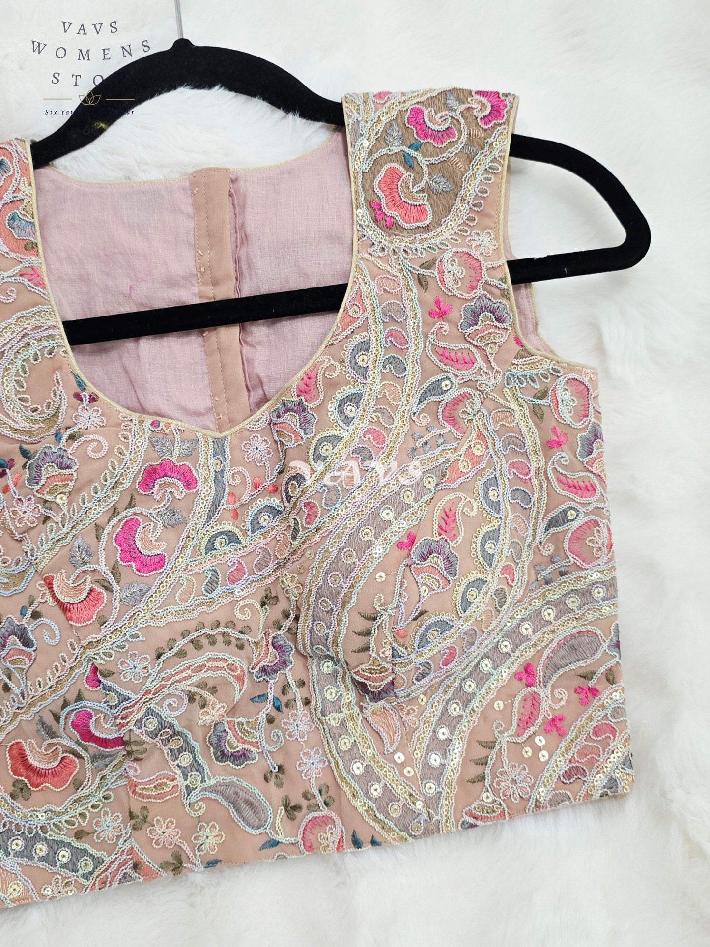 Royal Blush Champagne Nude Designer Embroidered Georgette Blouse with Pastel Paisley Sequins