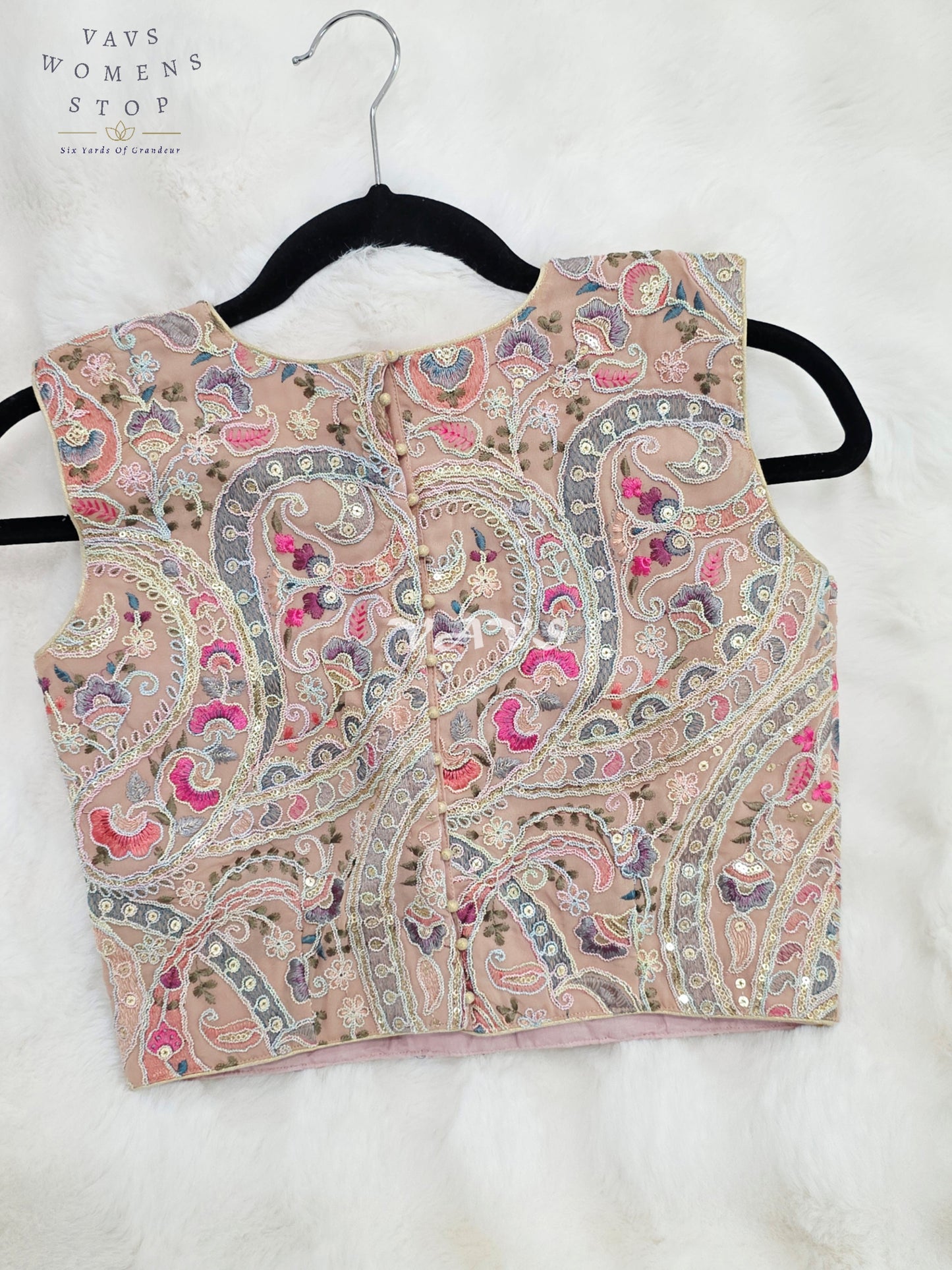 Royal Blush Champagne Nude Designer Embroidered Georgette Blouse with Pastel Paisley Sequins